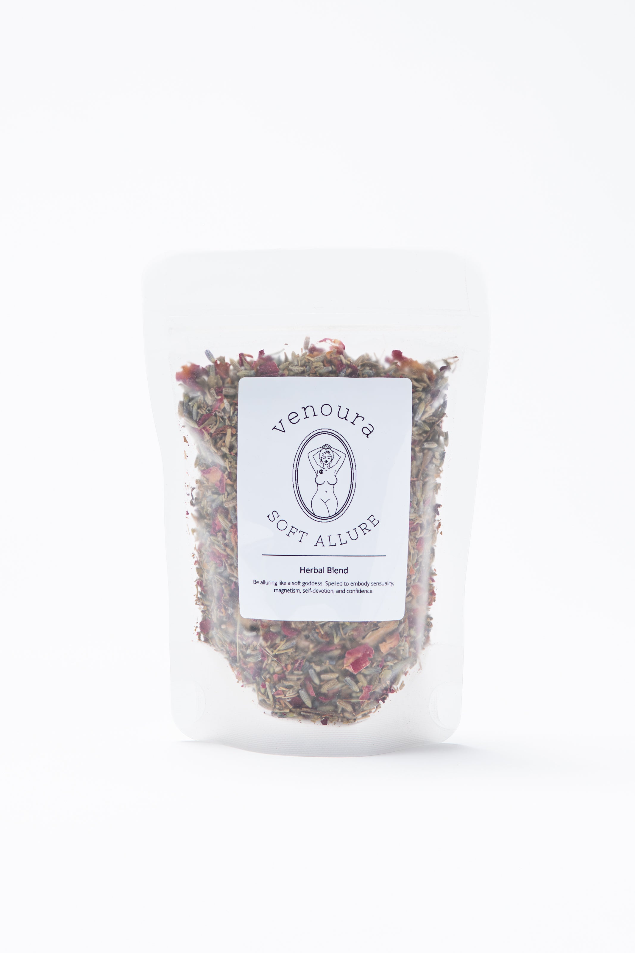 A stand-up pouch of Venoura Soft Allure Herbal Blend on a clean white background. The clear pouch shows a colorful dried herbal mixture inside, with a white label featuring the brand name and logo.
