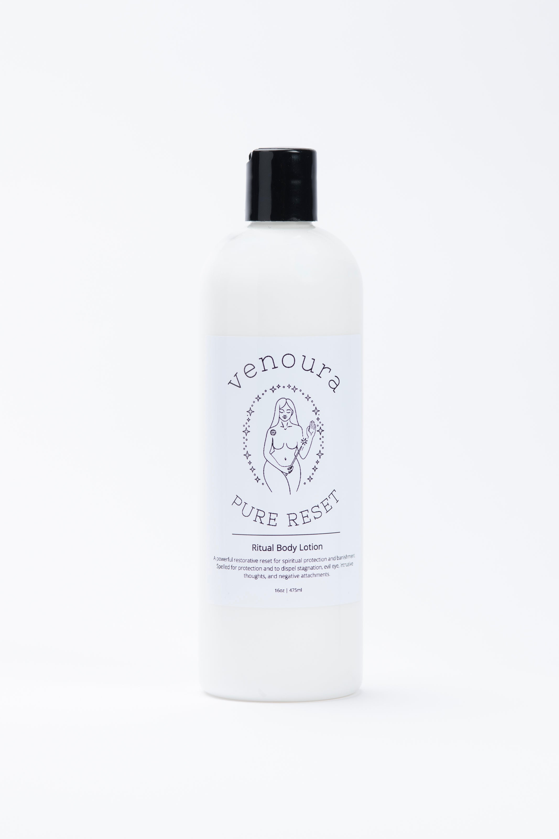 A white bottle of Venoura Pure Reset Ritual Body Lotion with a black cap, centered on a clean white background.