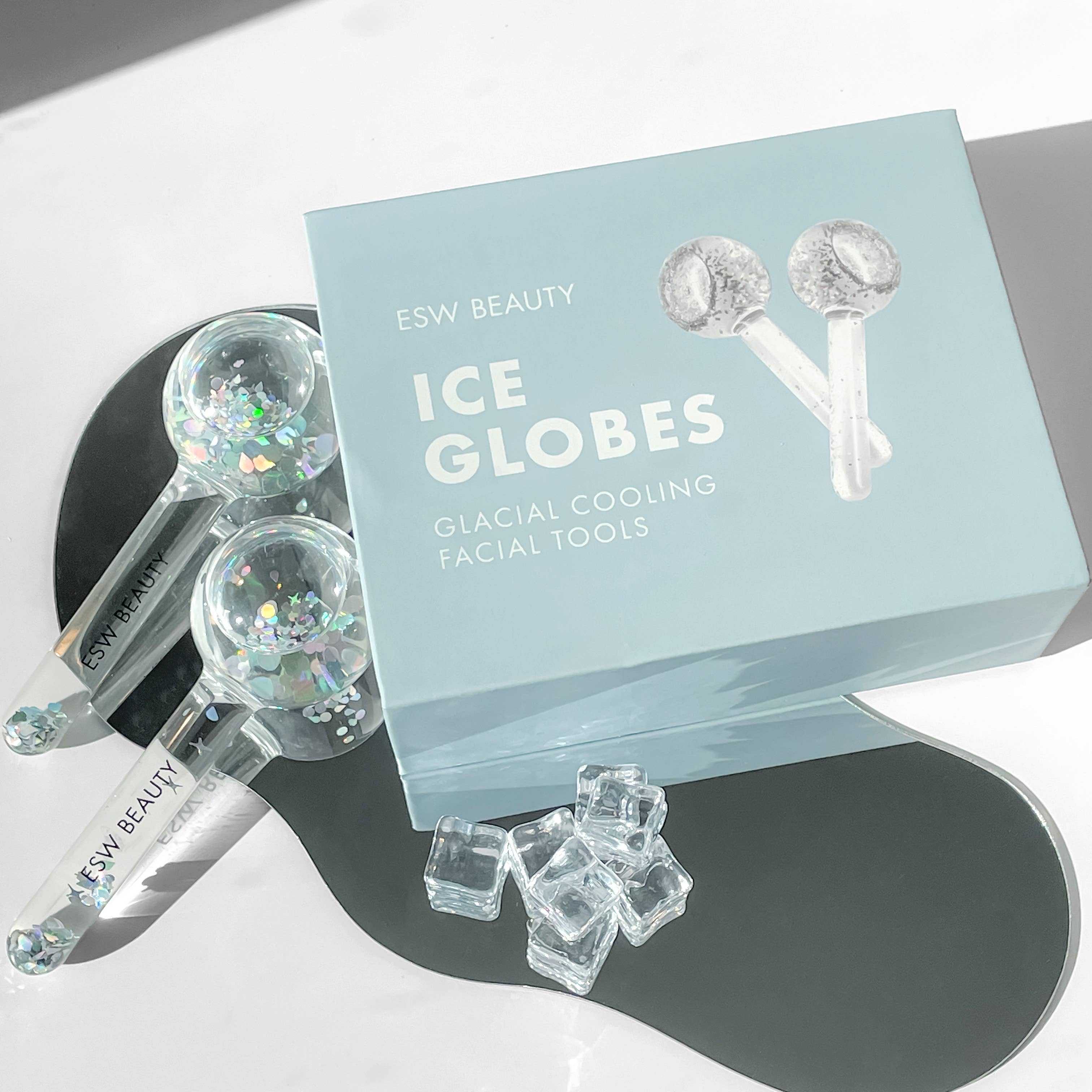 ESW Beauty Ice Globes glacial cooling facial tools with packaging on a white background