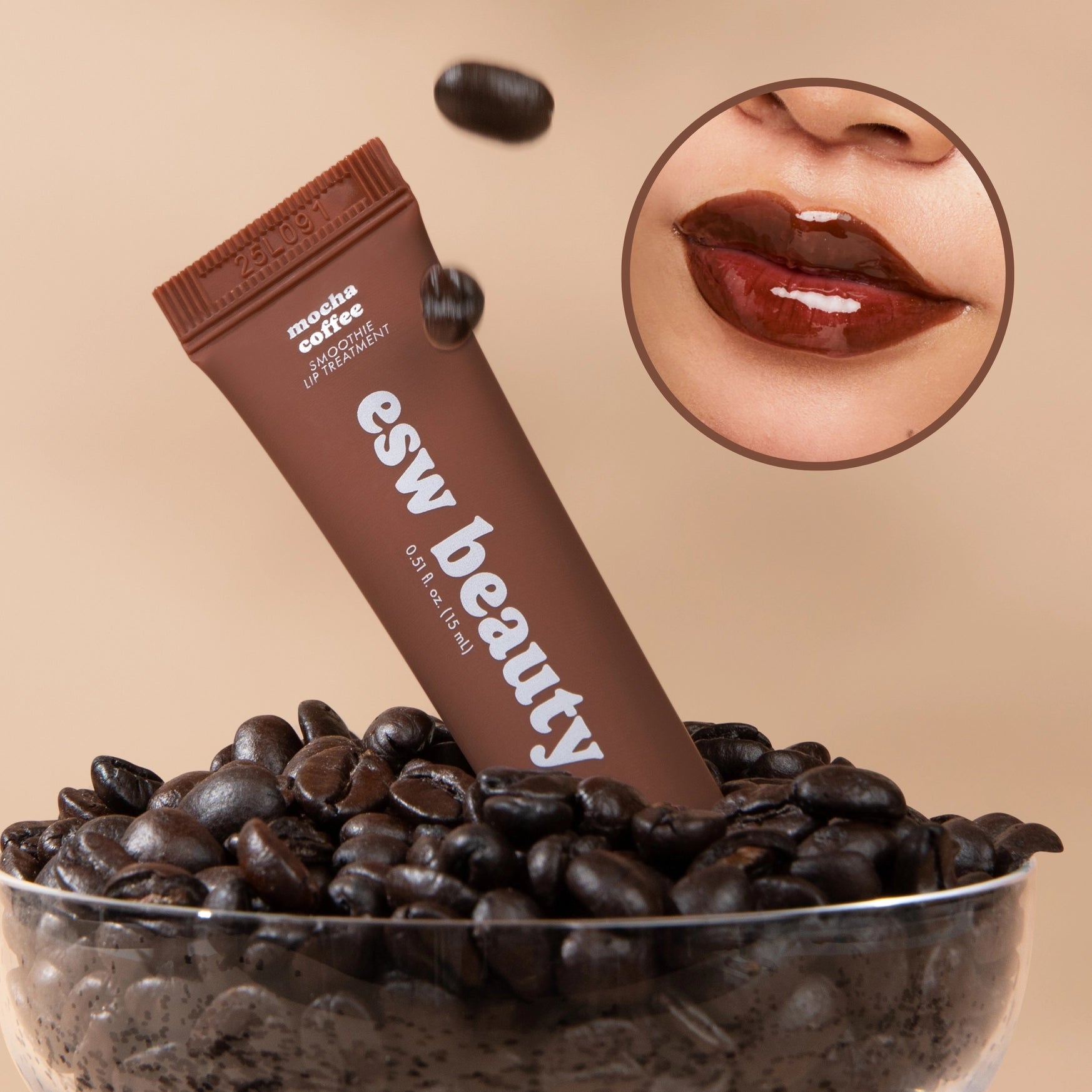 Lip balm with coffee beans and close-up of lips on a beige background