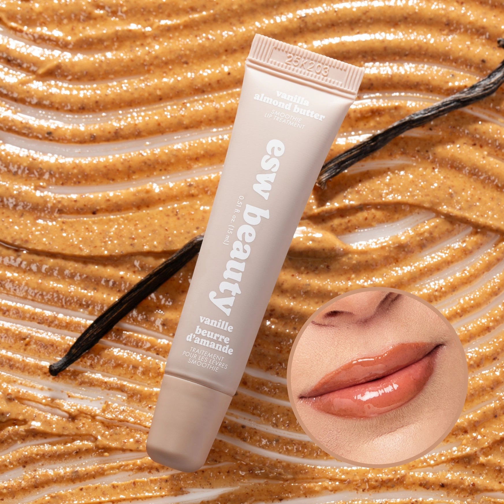Vanilla lip balm tube with vanilla bean on a caramel background