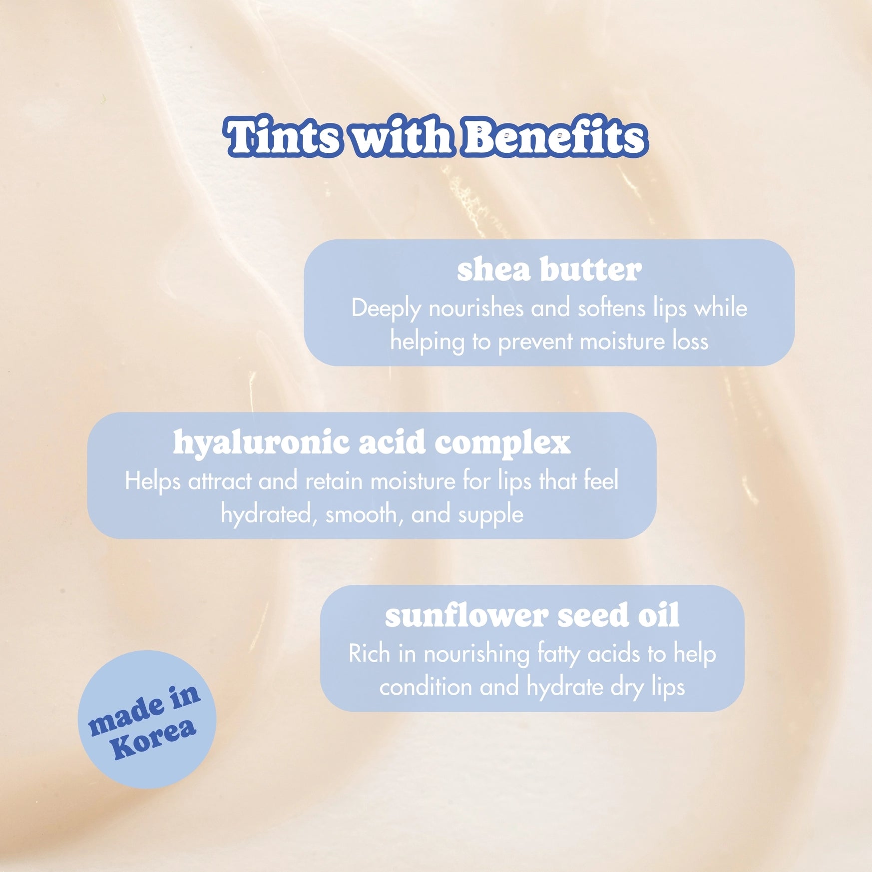 Lip care product with text about shea butter, hyaluronic acid complex, and sunflower seed oil benefits.