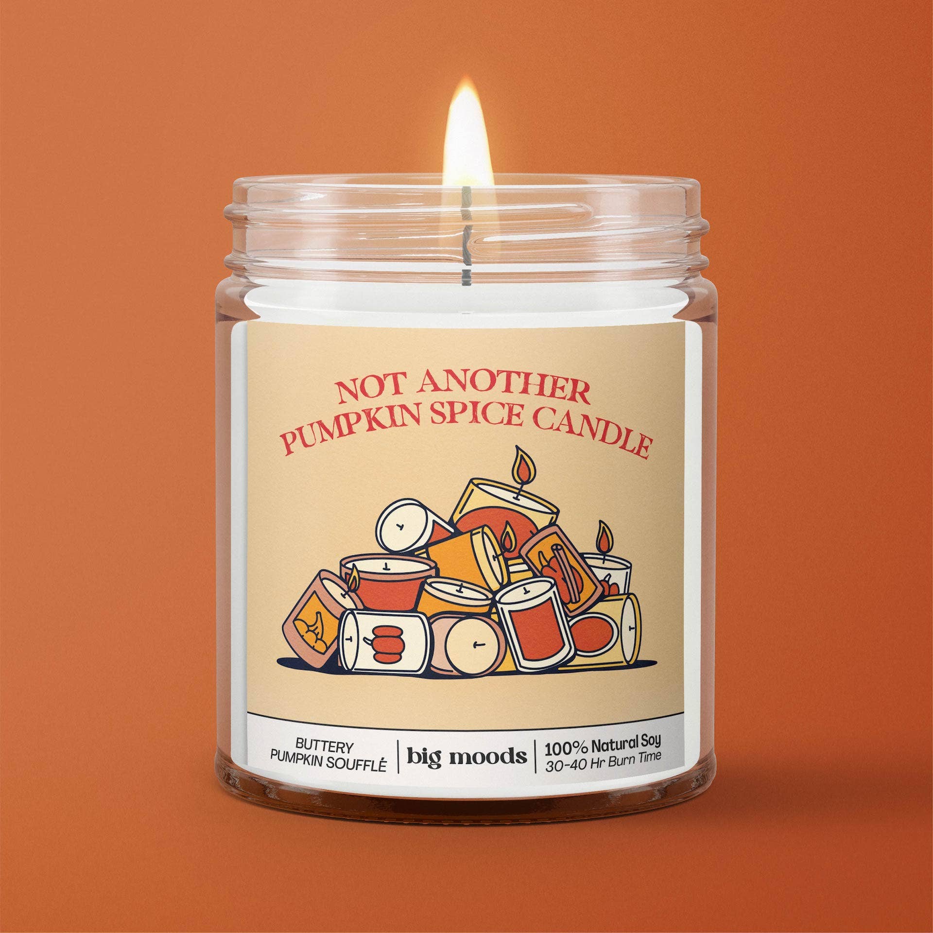 A lit candle in a clear glass jar with a cream label that reads 'NOT ANOTHER PUMPKIN SPICE CANDLE' and shows illustrated candle tins. The product is centered against a solid terracotta background.