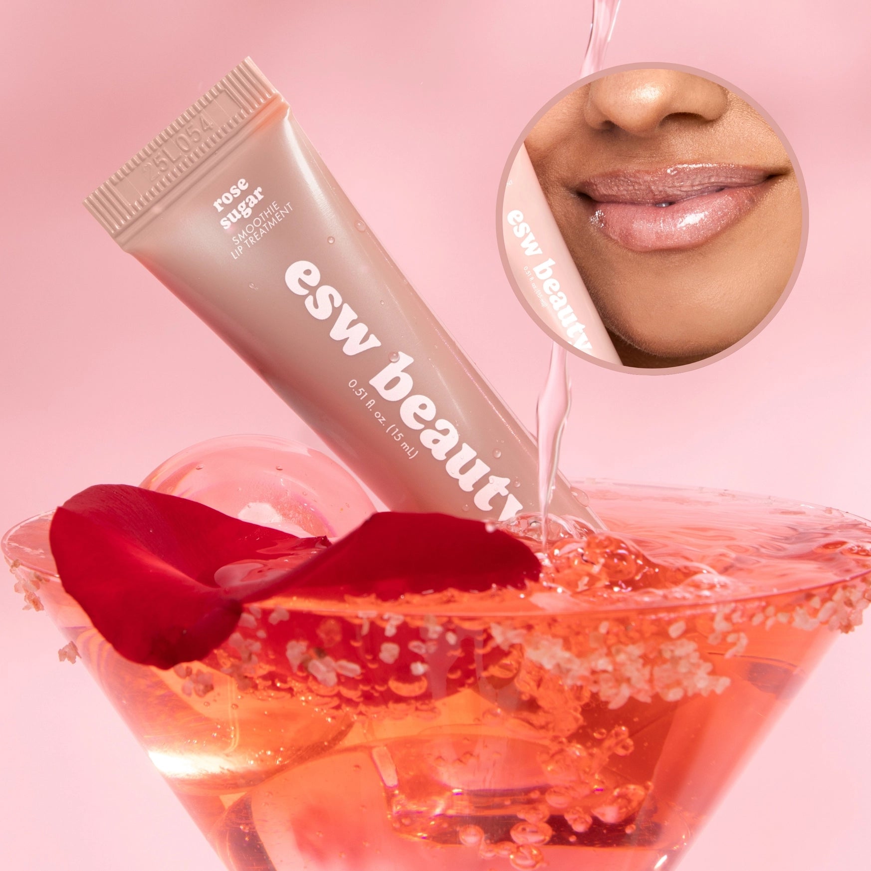 esw beauty lip balm tube with rose petals and a close-up of lips on a pink background