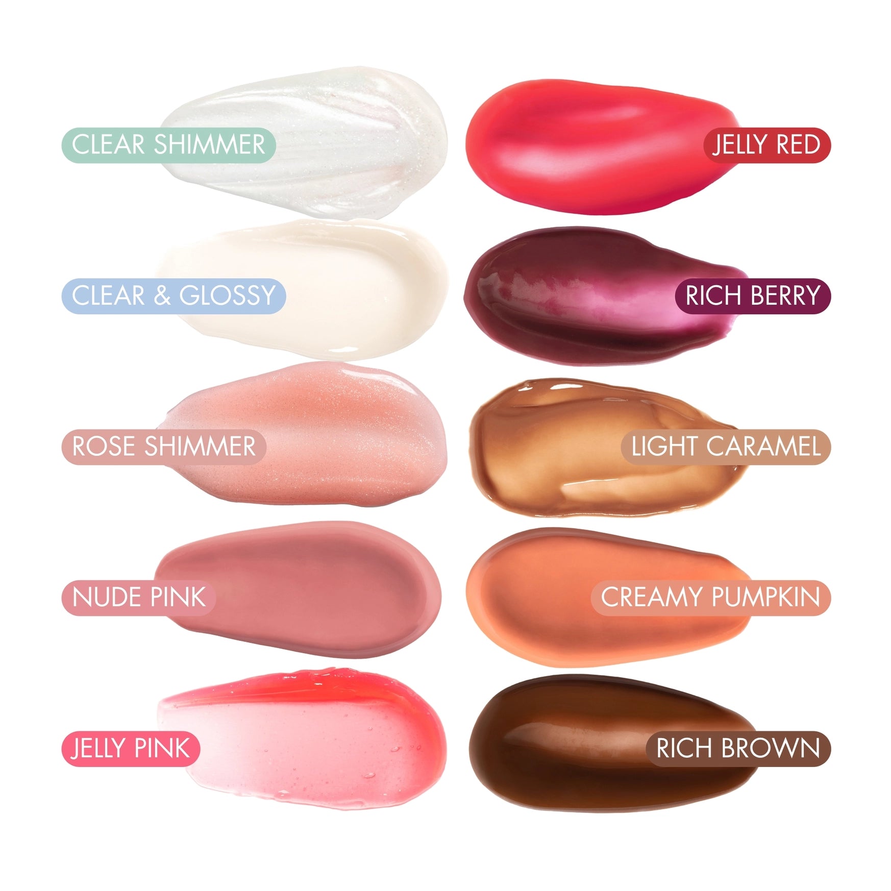 Collection of lip gloss shades with names on a white background