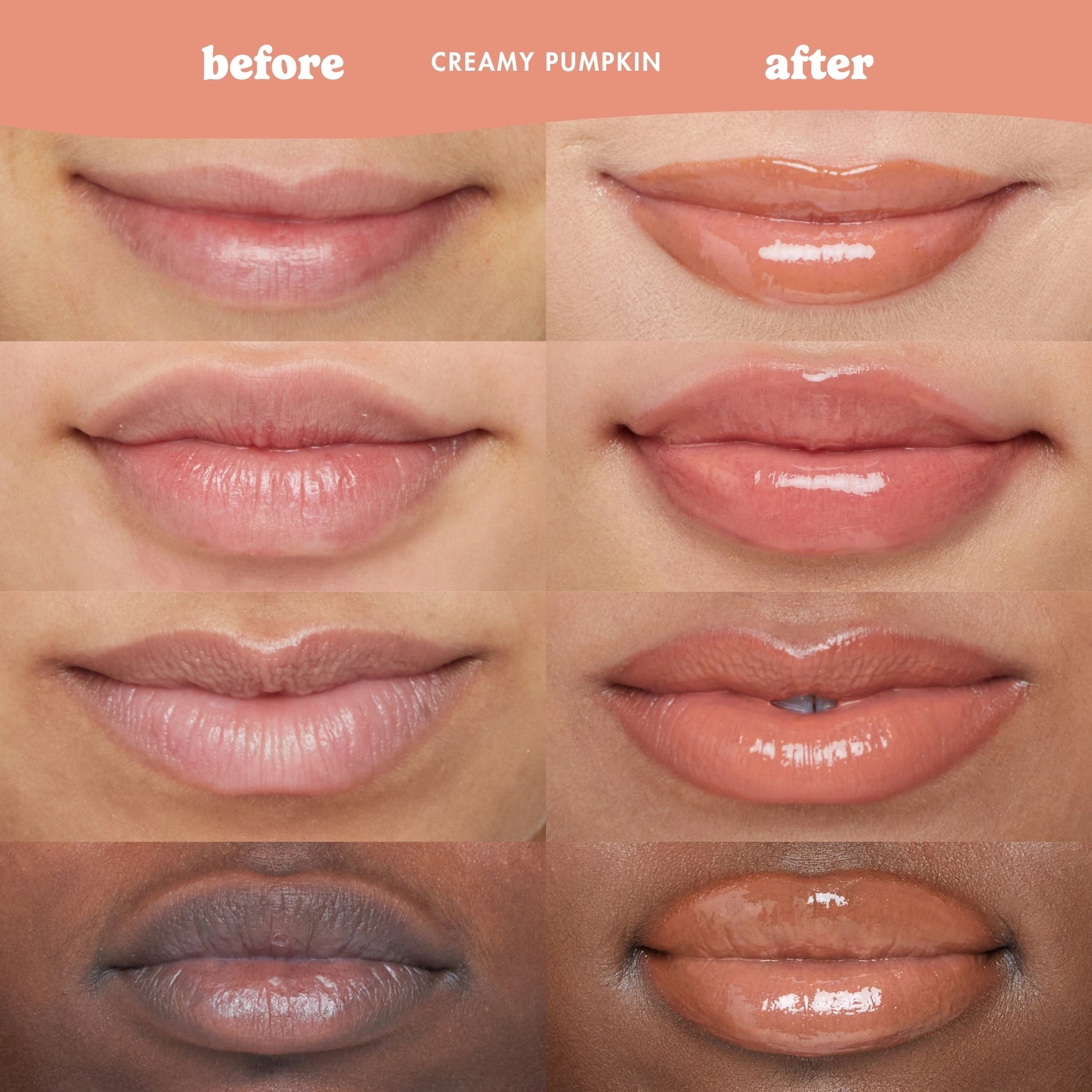 Before and after comparison of a lip product on different skin tones.