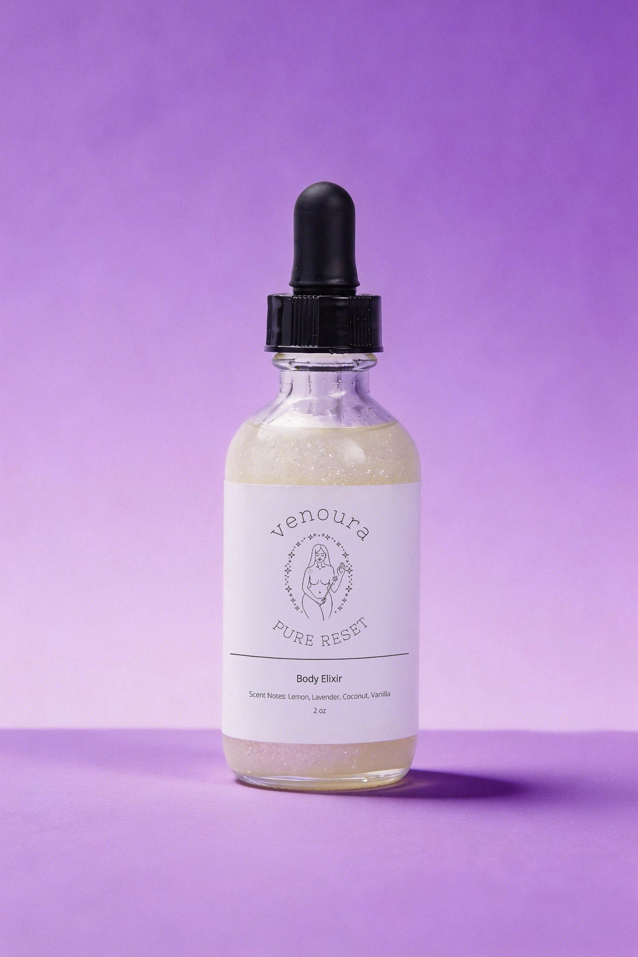 Venoura Pure Reset Body Oil in a clear glass dropper bottle with a white label and black cap, set against a solid purple background.