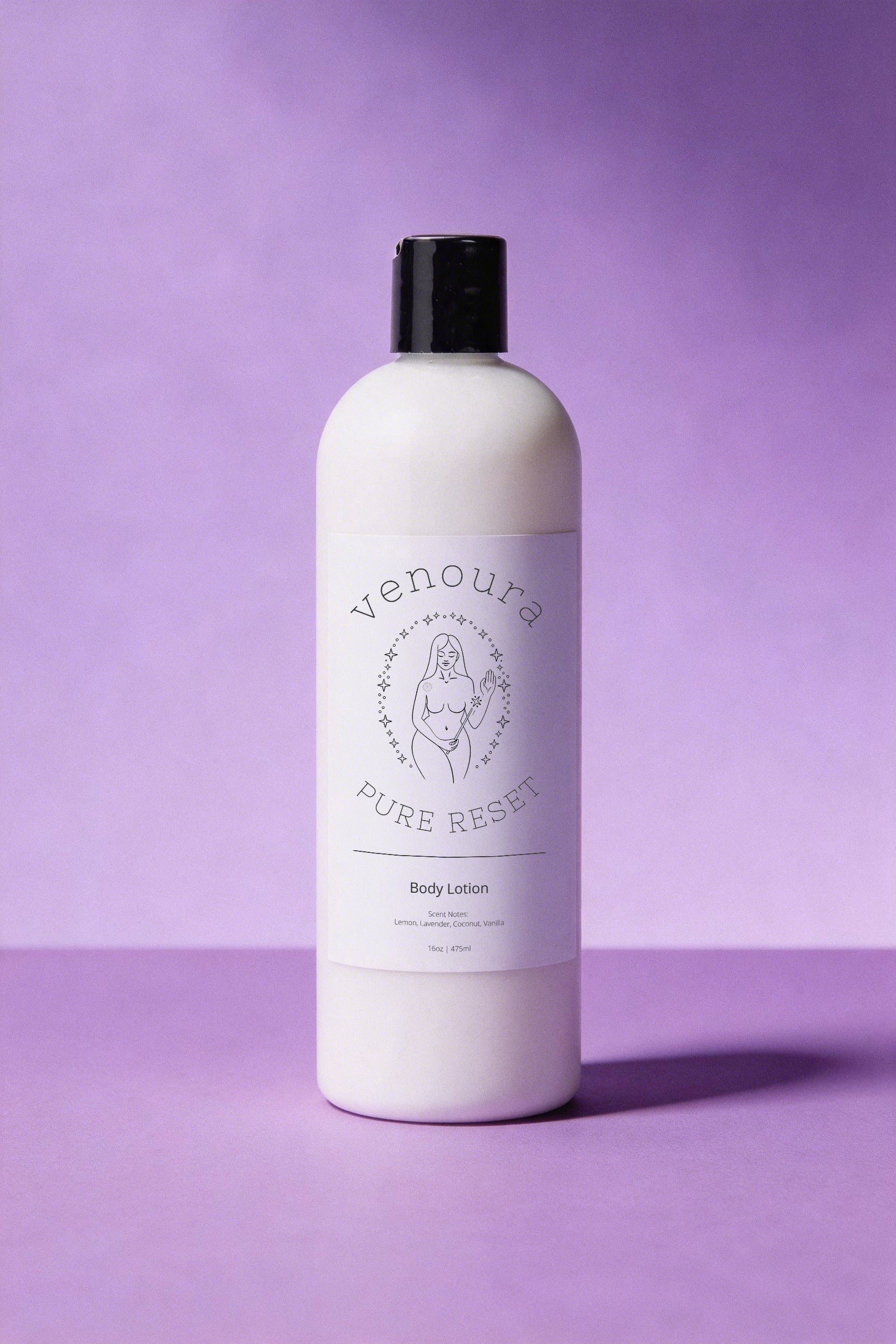 A white bottle of Venoura Pure Reskin Natural Body Lotion with a black cap, set against a solid purple background.