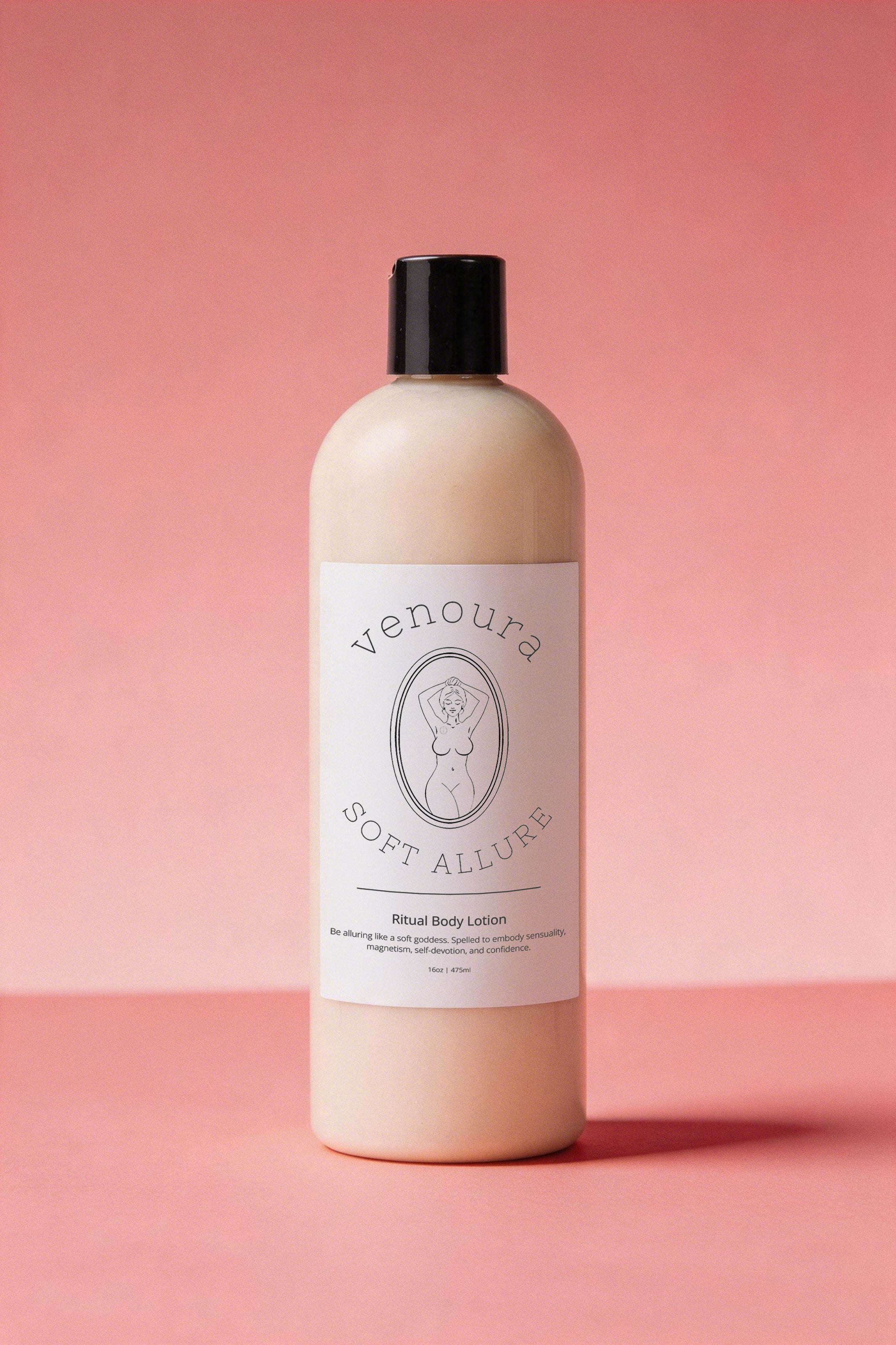 Venoura's Soft Allure Ritual Body Lotion used for magnetism, allure, sensuality, skin-nourishing, moisturizing in a 16 oz pale pink bottle with a black cap, set against a solid pink background.