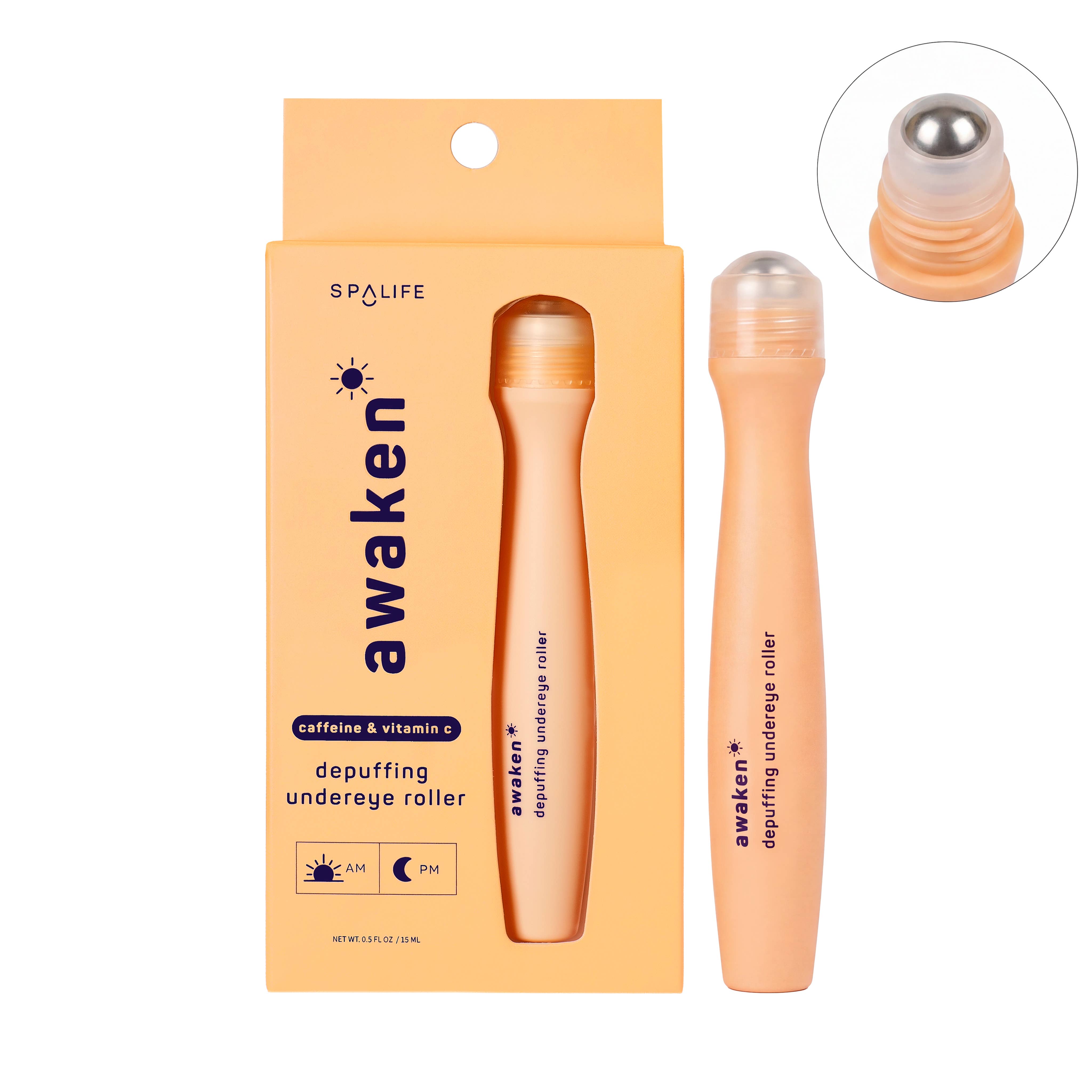A peach-colored SPALIFE 'awaken' depuffing underlying roller shown next to its orange packaging box, with a circular inset detail of the metallic silver roller ball.