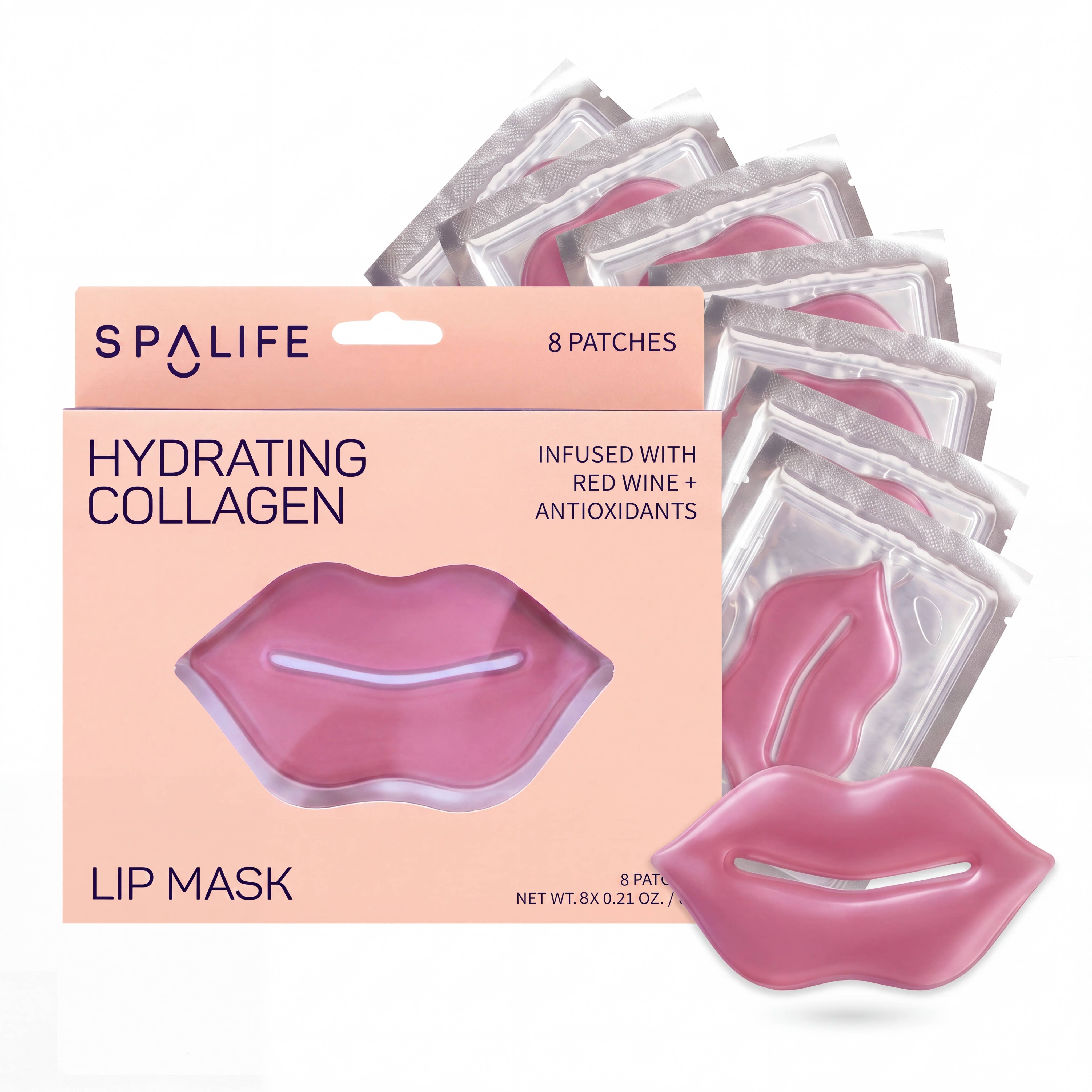 SpaLife hydrating collagen lip mask packaging with pink lip-shaped patches on a white background