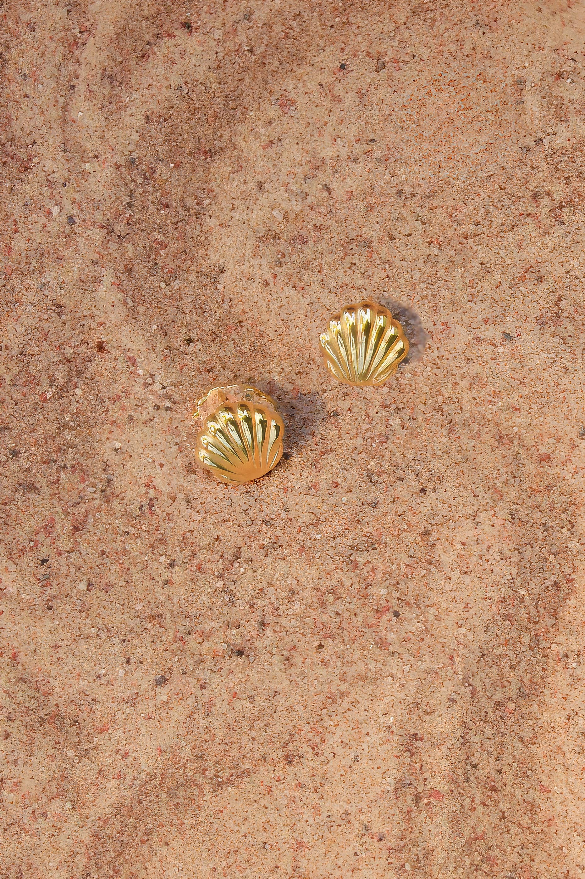 Two gold shell-shaped earrings on a sandy surface