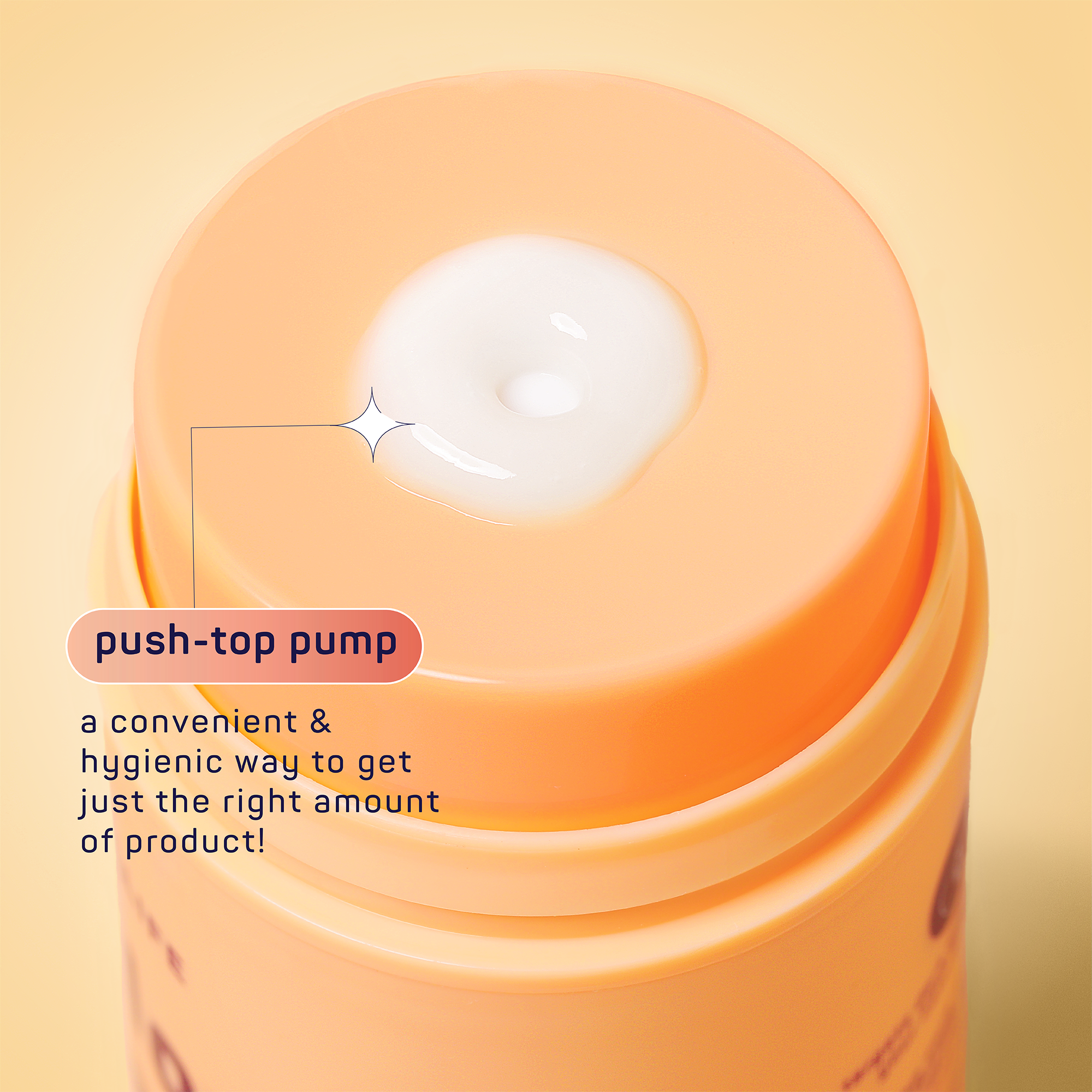 Orange jar with a push-top pump and cream on top, on a yellow background