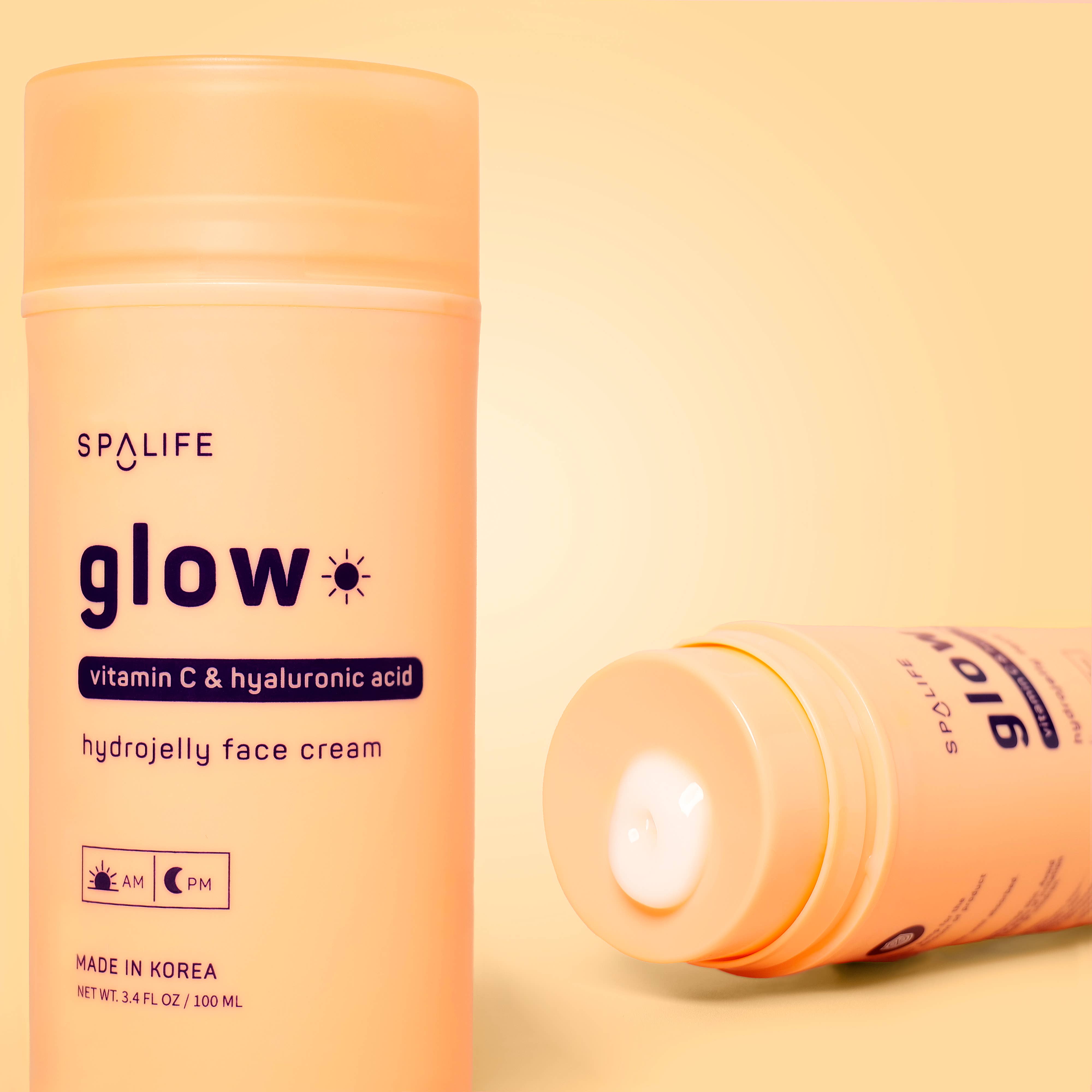 Spalife glow hydro Jelly face cream bottle on a yellow background