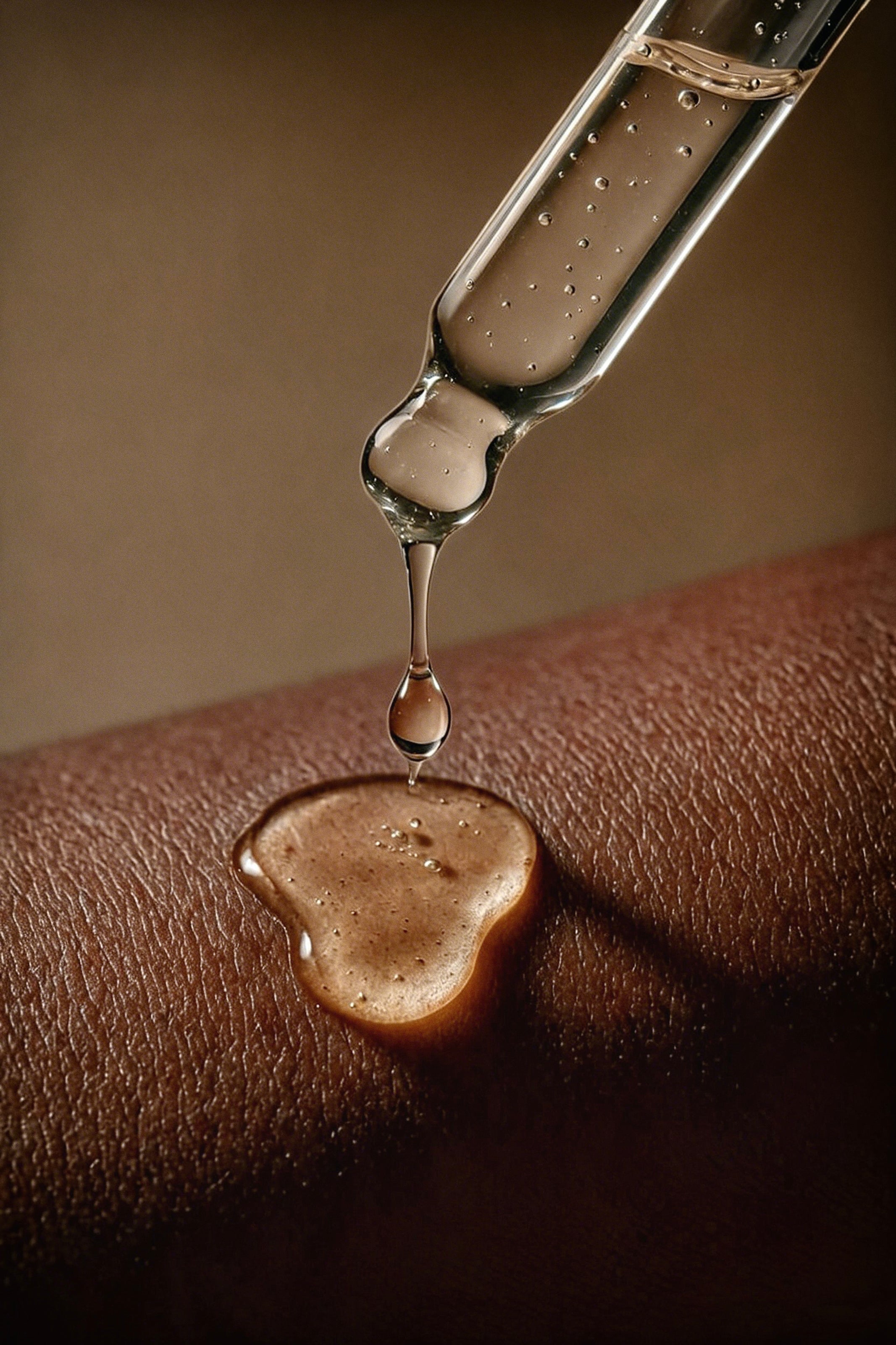 A close-up of a clear liquid dropper dispensing a transparent serum onto human skin, forming a glossy wet patch. The background is a warm, dark brown skin tone.