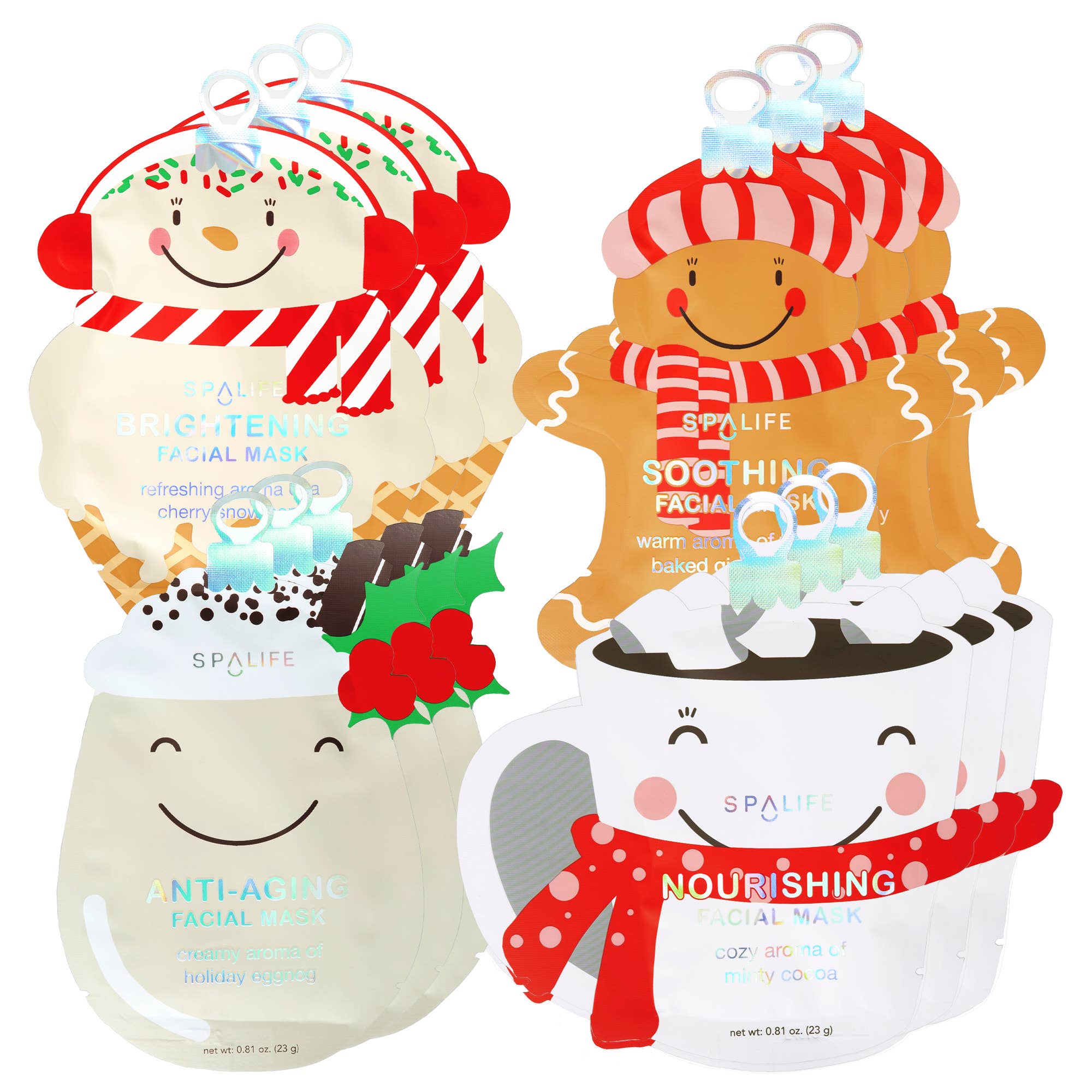 Four SPALIFE facial mask packets arranged together on a white background: two snowman-themed masks labeled Bright Tennis and Soof Hoon, and two mug-themed masks labeled Anti-Aging Facial Mask and Nourishing Facial Mask.