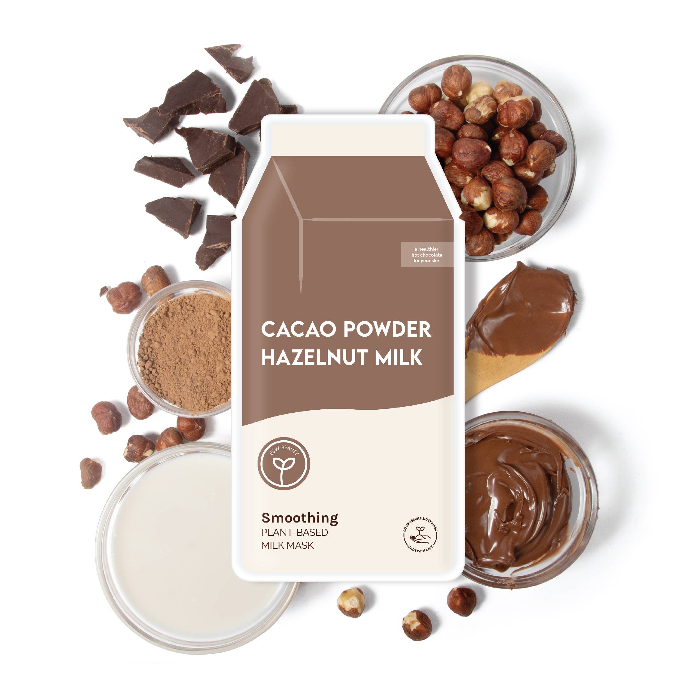 Cacao powder, hazelnuts, and a container of cacao-based product on a white background