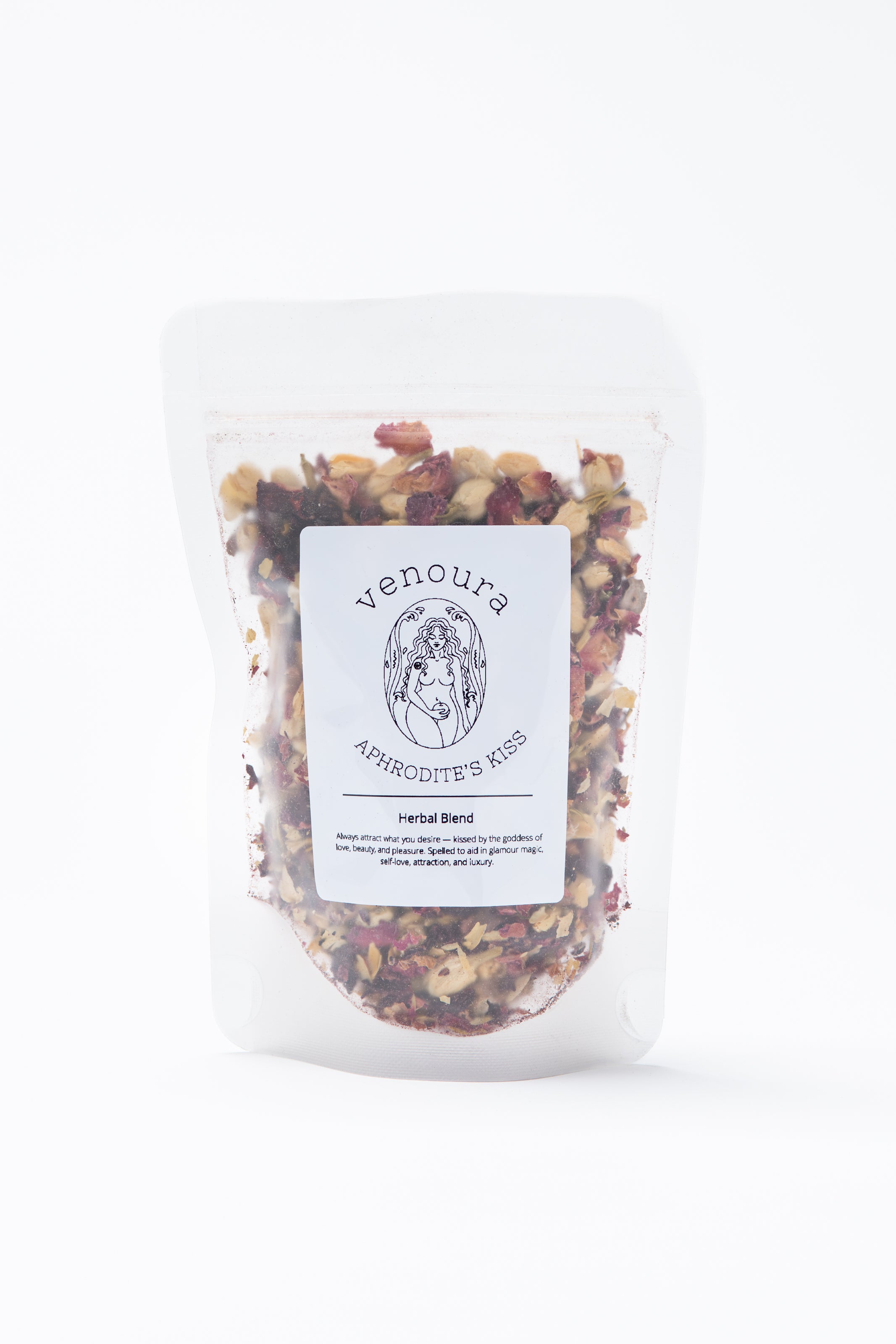 Venoura Arrodite's Kiss Herbal Blend in a clear stand-up pouch with a white label, set against a plain white background.