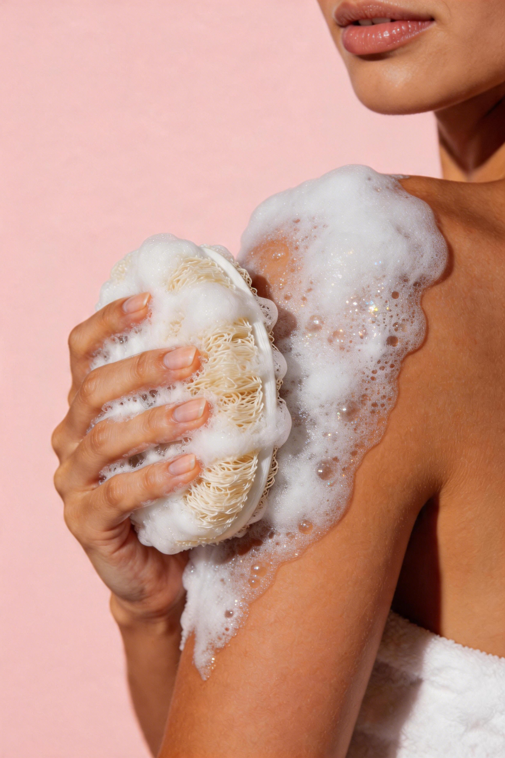 A close-up of a person holding a natural loofah scrubber covered in white foam while washing their shoulder against a solid pink background.
