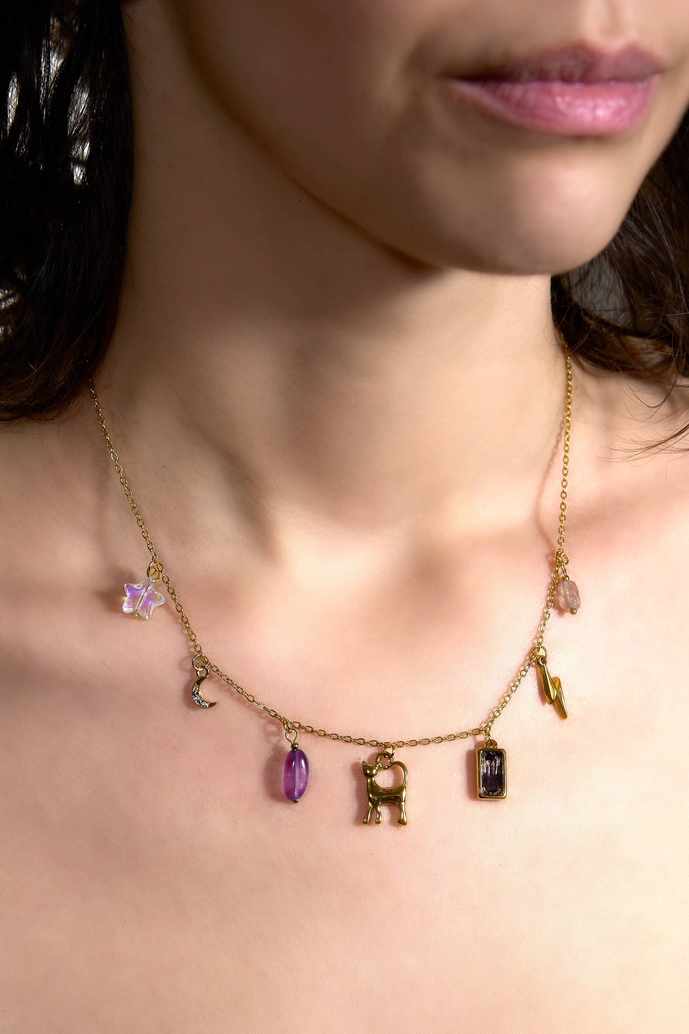 Necklace with charms on a model