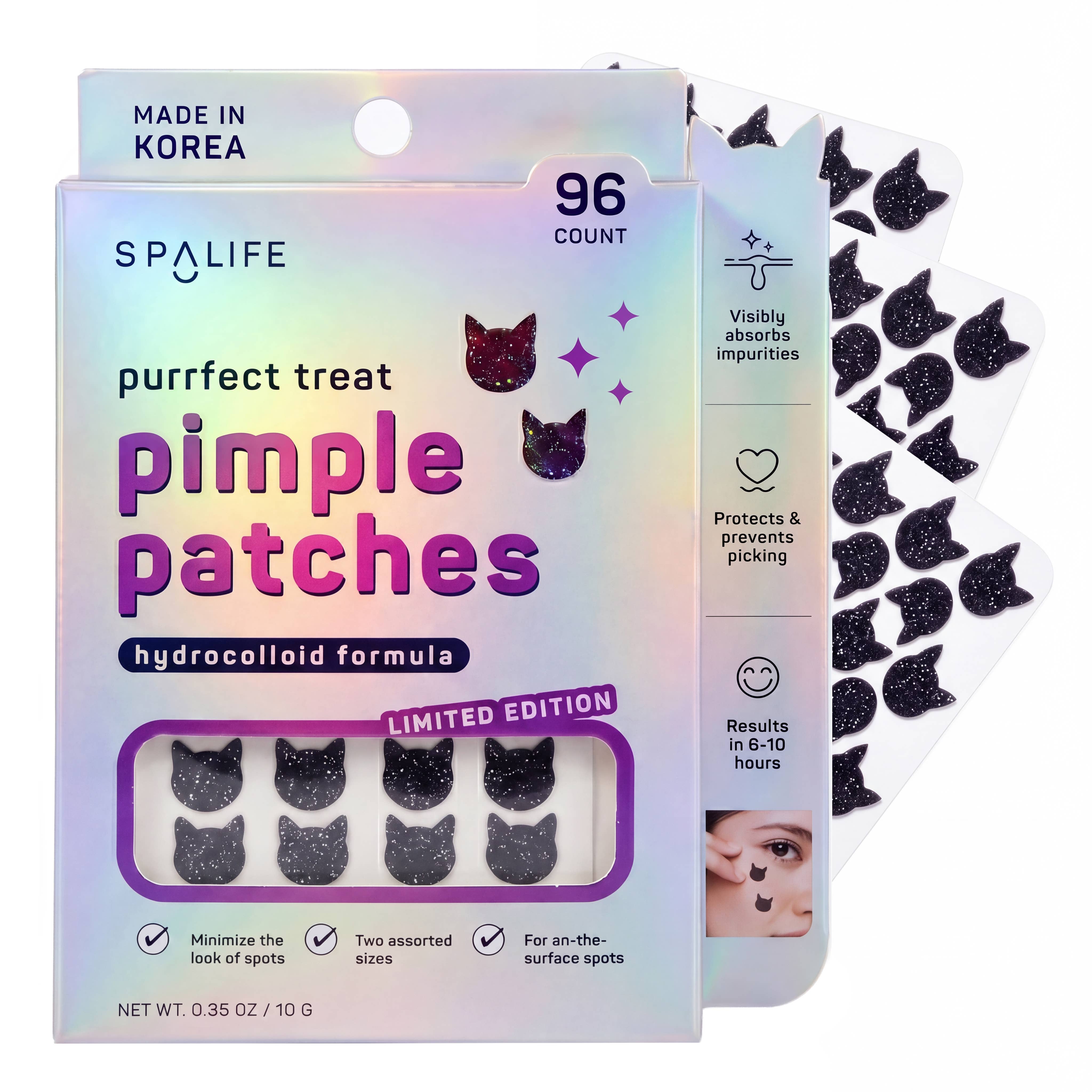 Spalife Purfect Treat Pimple Patches Limited Edition box with a sheet of black glitter pimple patches visible behind it on a white background.