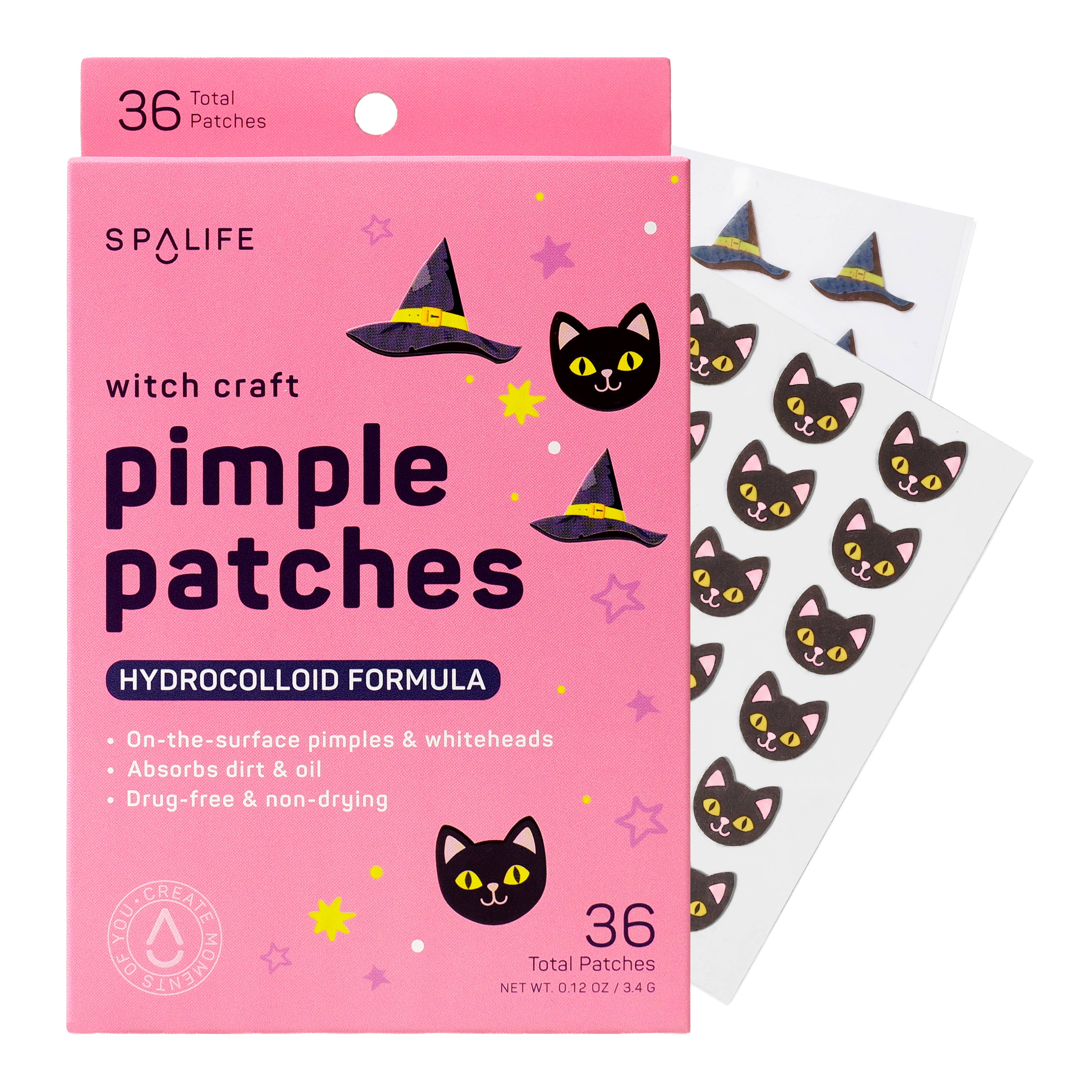 Spalife Witch Craft Pimple Patches in a pink box with two sheets of black cat face patches wearing pointed witch hats, shown on a white background.