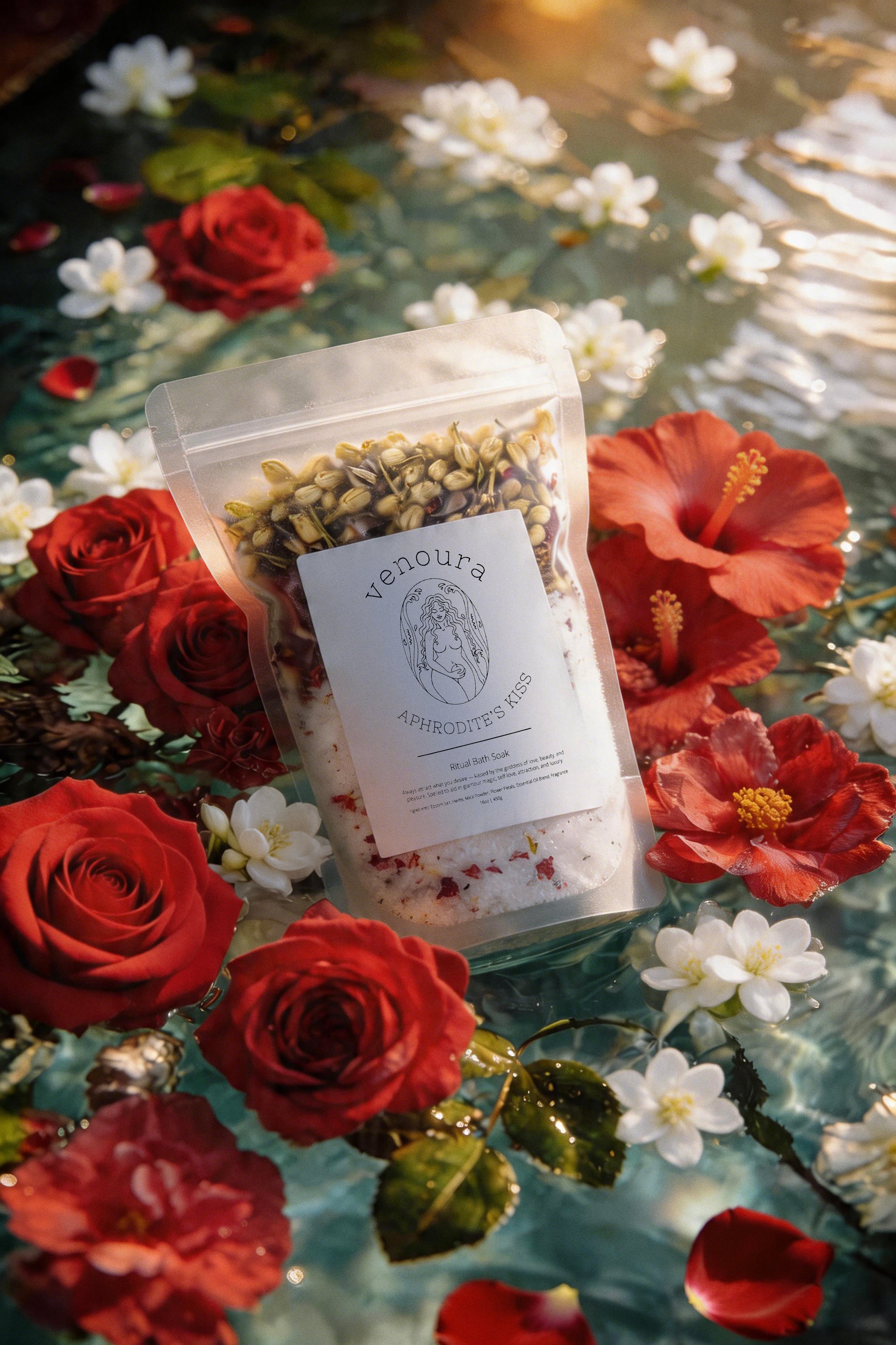 An Aphrodite's Kiss Bath Soak in a clear stand-up pouch, filled with dried botanicals and bath salts, styled on water, surrounded by red roses and white flowers.