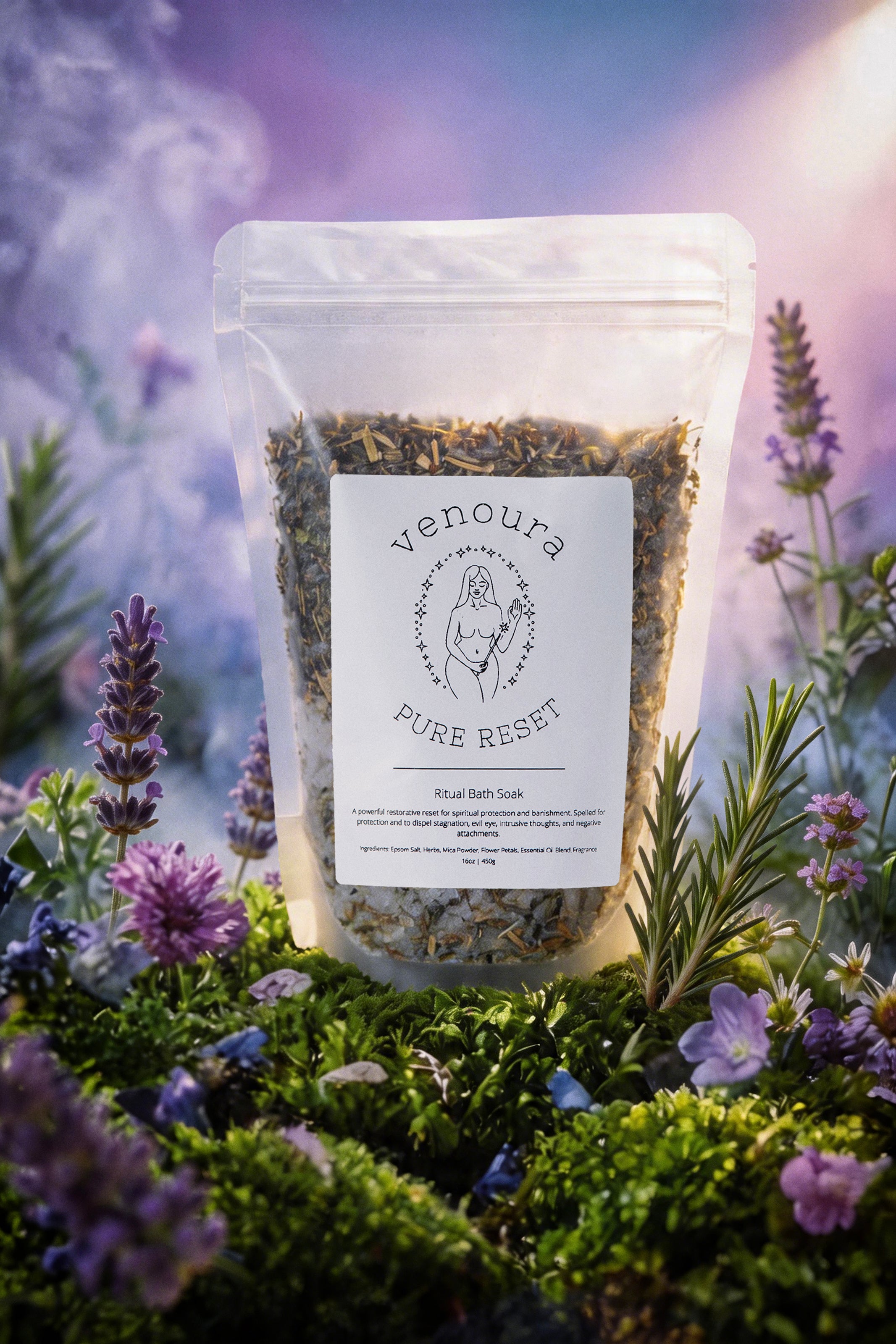 A stand-up pouch of Venoura Pure Reset herbal bath soak placed in green moss among purple flowers and soft mist, with the product label clearly visible.