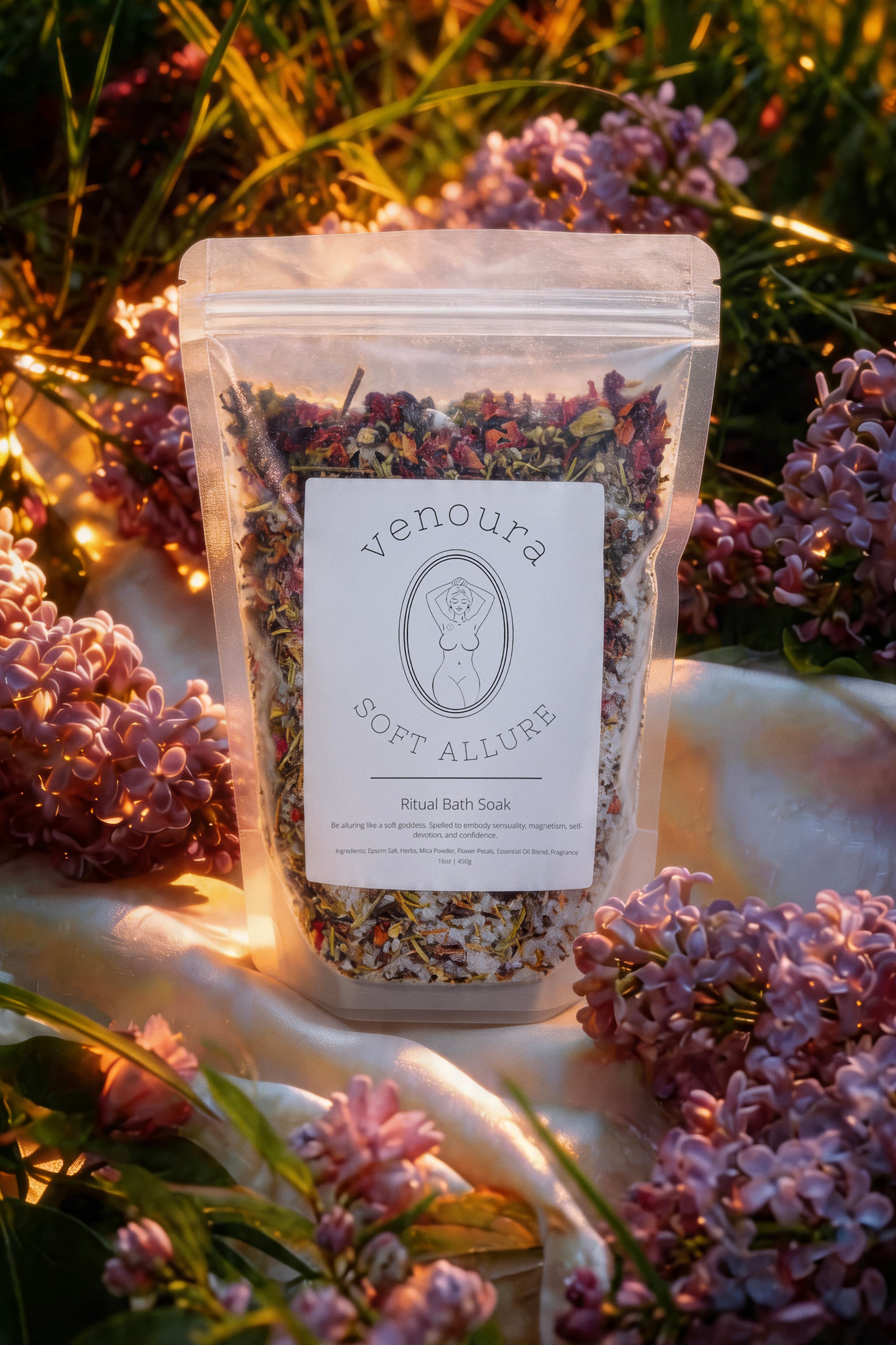 A stand-up pouch of Venoura Soft Allure Blue Bath Soak filled with dried botanicals, styled outdoors on a white fabric surface surrounded by purple flowers.