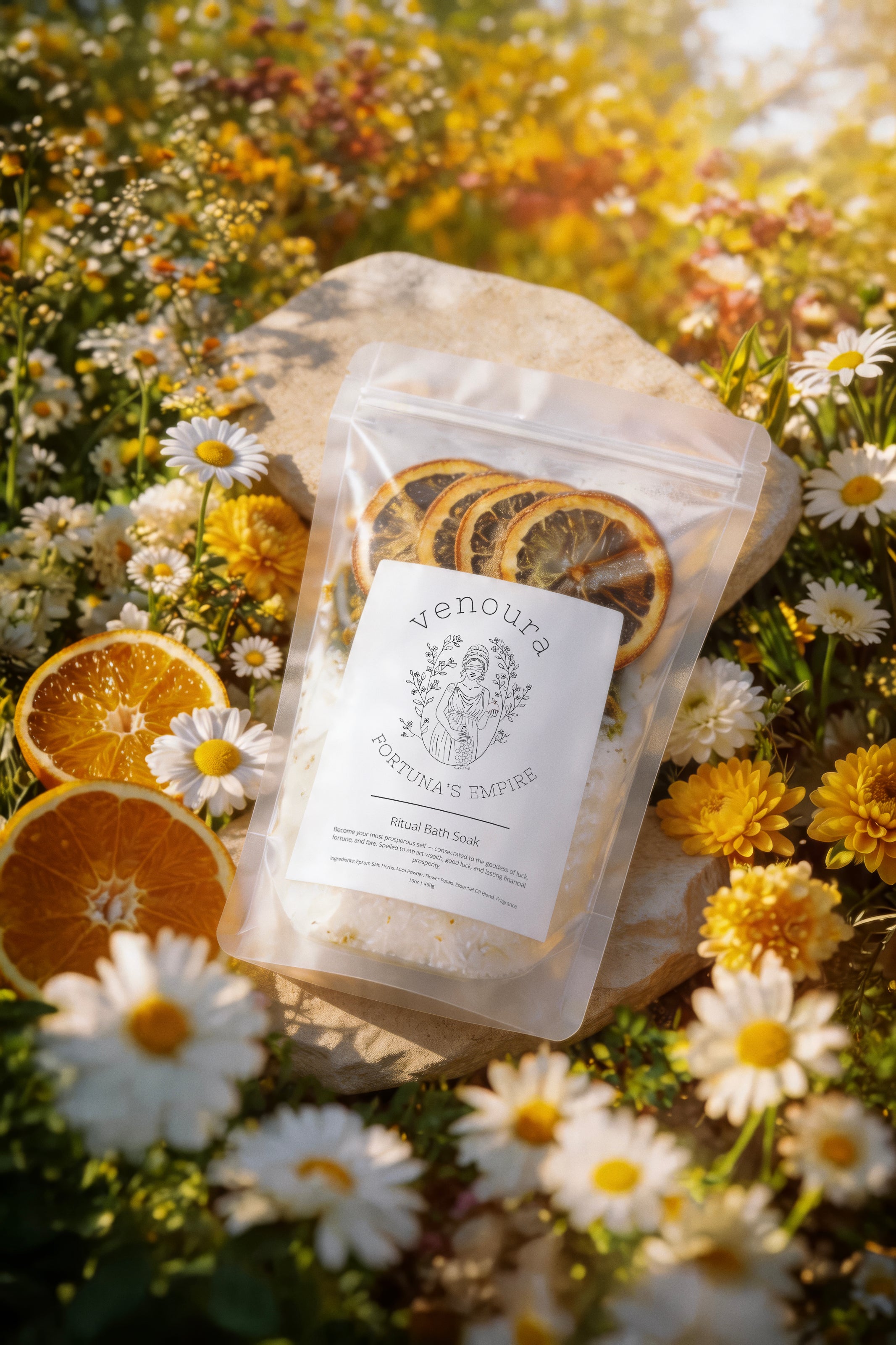 A clear stand-up pouch labeled 'Venoura Fortuna's Empire sits on a stone surrounded by white and yellow wildflowers and dried orange slices in an outdoor meadow setting.