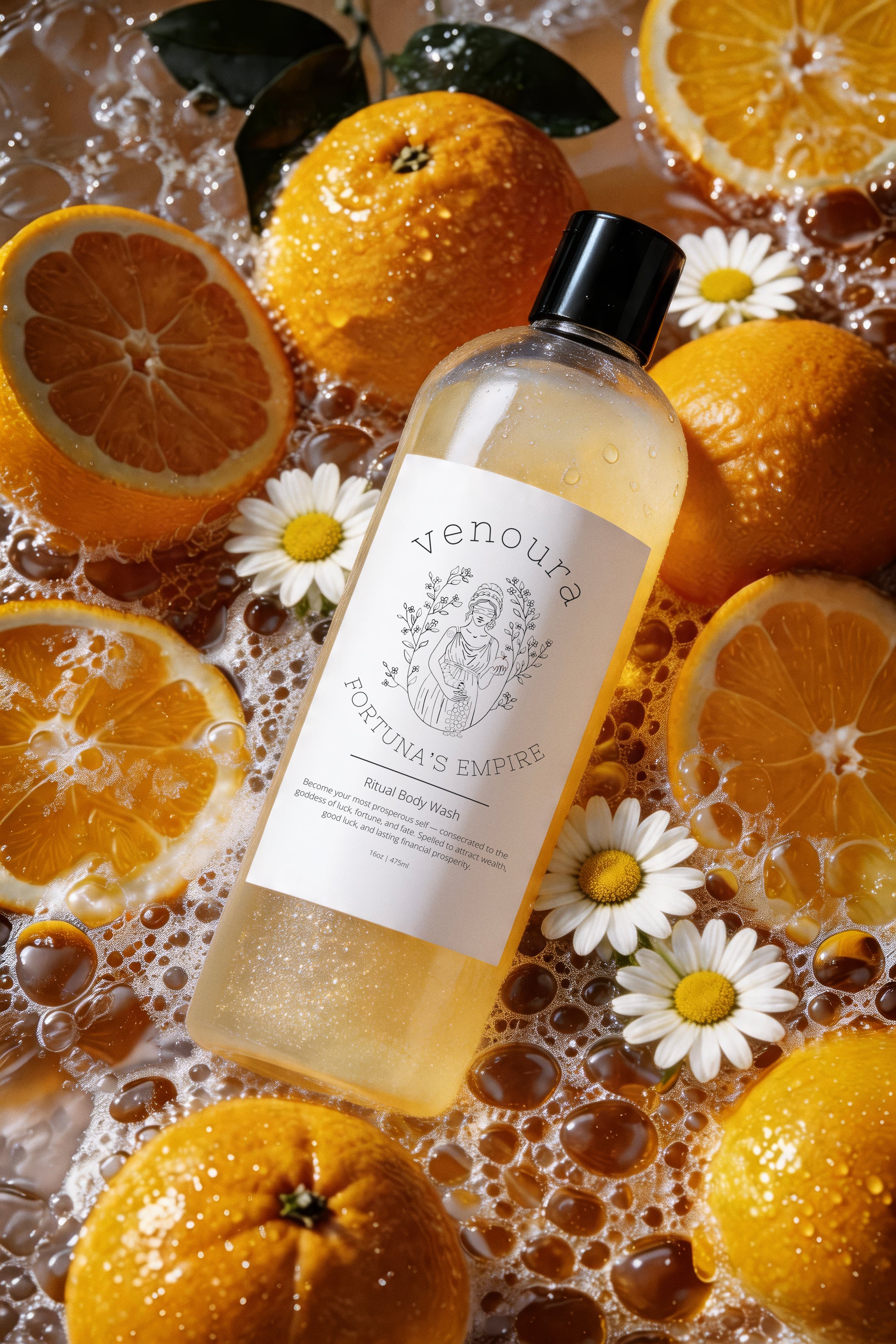 Venoura Antifungal Wash bottle filled with golden liquid, surrounded by fresh oranges, orange slices, white daisies, and bubbles on a white background.