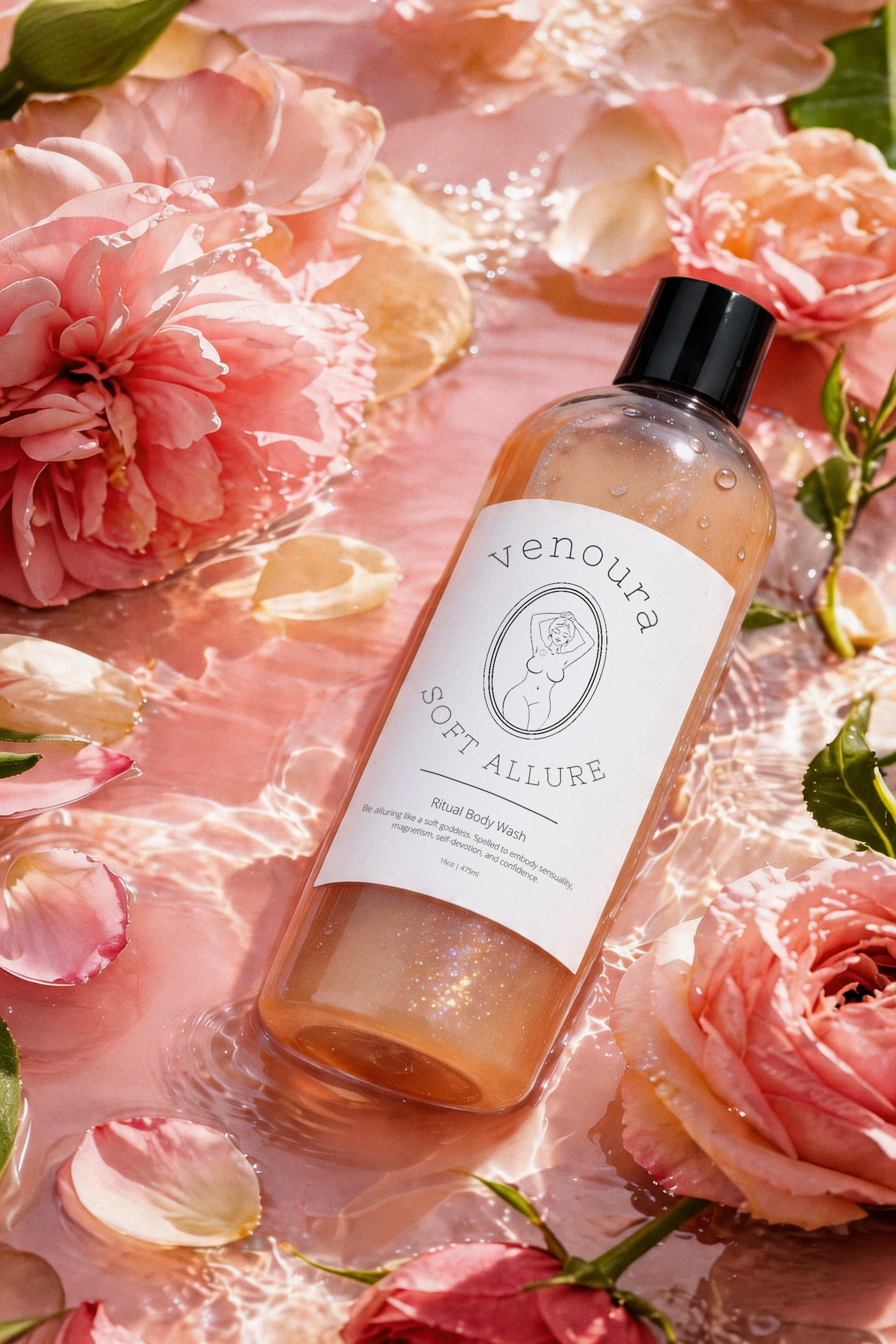 Venoura Soft Allure body wash bottle surrounded by pink roses and petals in shallow water, with the product label clearly visible.