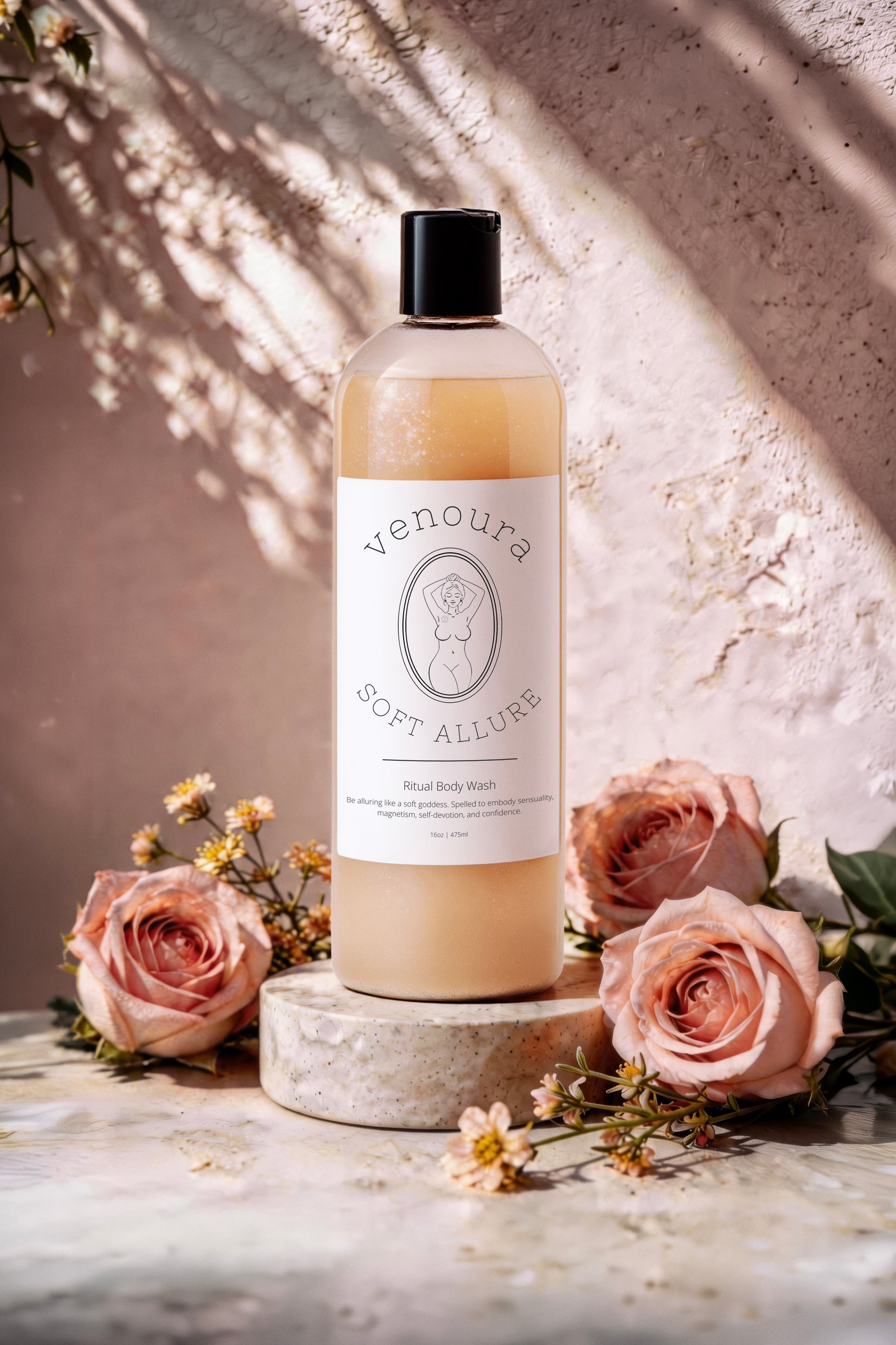 Venoura Soft Allure floral body wash in a frosted bottle with a black cap, displayed on a stone pedestal with pink roses and small flowers against a textured beige wall with leaf shadows.