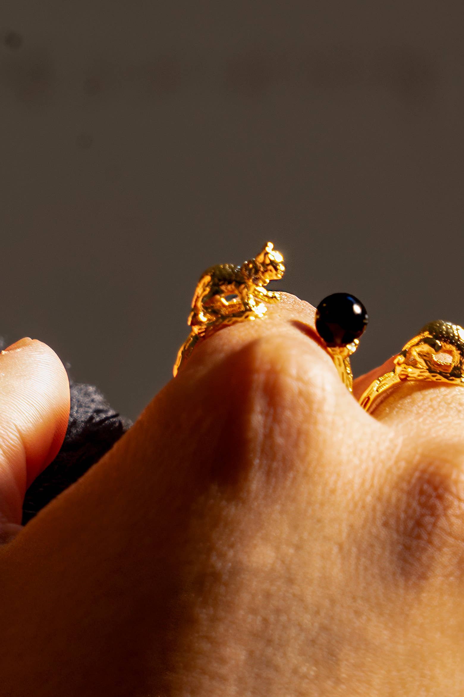 A close-up of a hand wearing multiple gold rings, including a ring with a sculpted animal head and a ring with a smooth black oval stone.