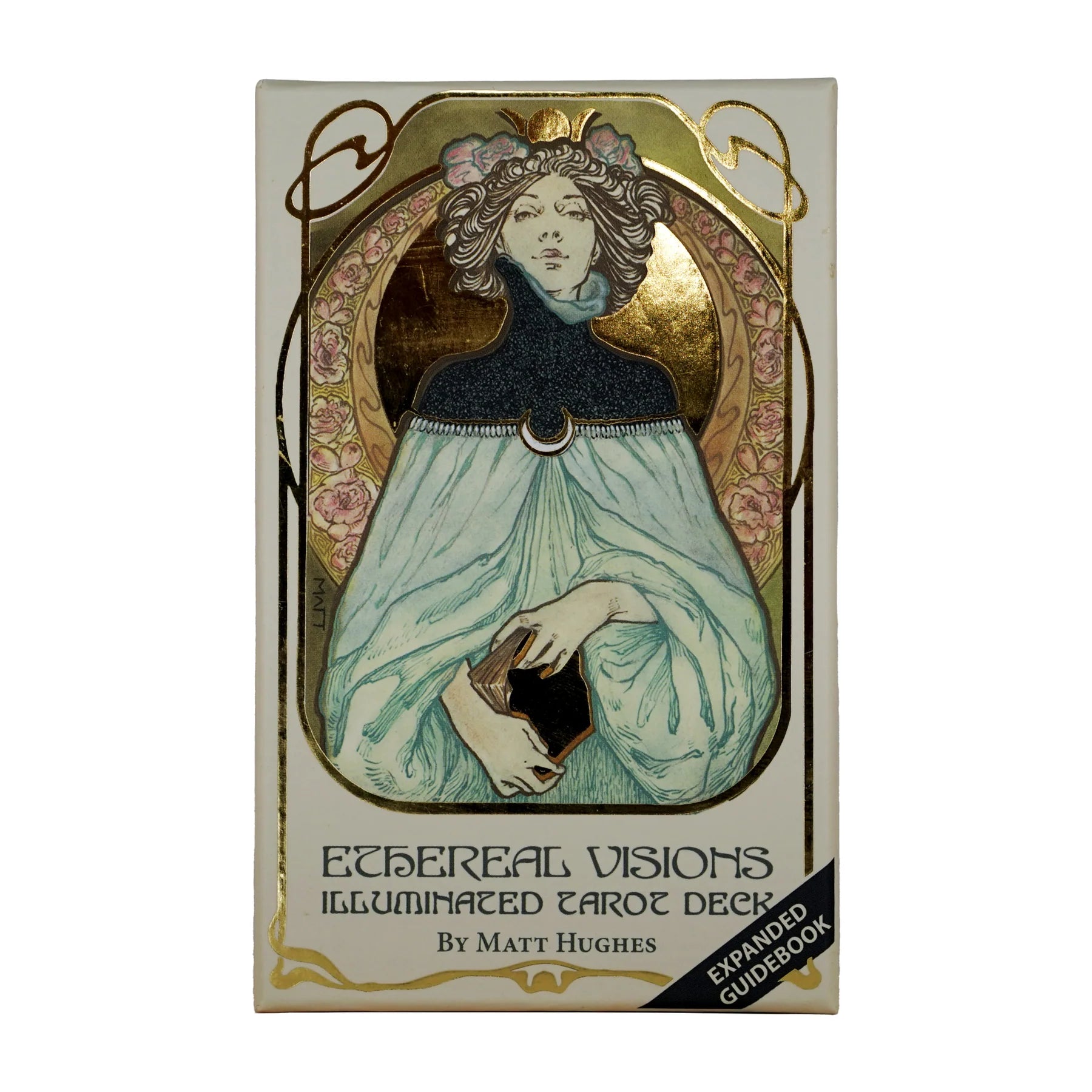 Front cover of the 'Ethereal Visions Illuminated Tarot Deck' by Matt Hughes, featuring an Art Nouveau style illustration of a woman in a pale blue gown holding a book, with a black 'Expanded Guideson' banner in the lower right corner.
