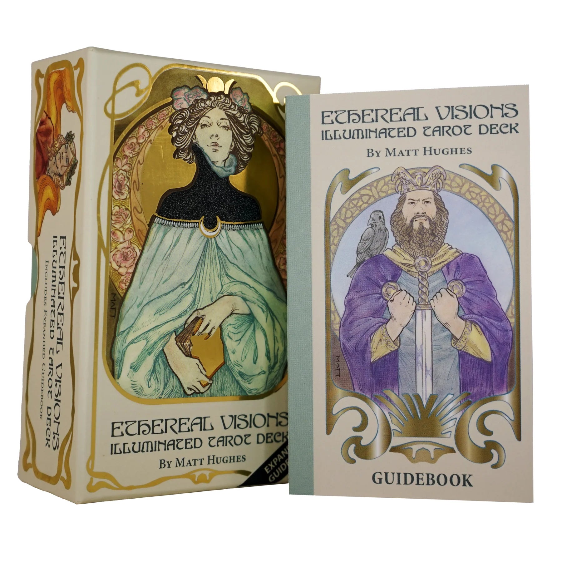 Illuminated Tarot Deck box and guidebook set by Matt Hughes, featuring ornate Art Nouveau-style illustrations on a clean white background.