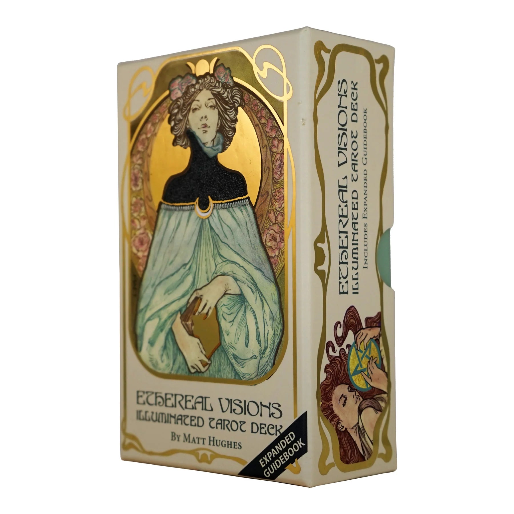 Ethereal Visions Illuminated Tarot Deck box by Matt Hughes, featuring Art Nouveau style illustrations with gold, beige, and soft blue tones on a white background.