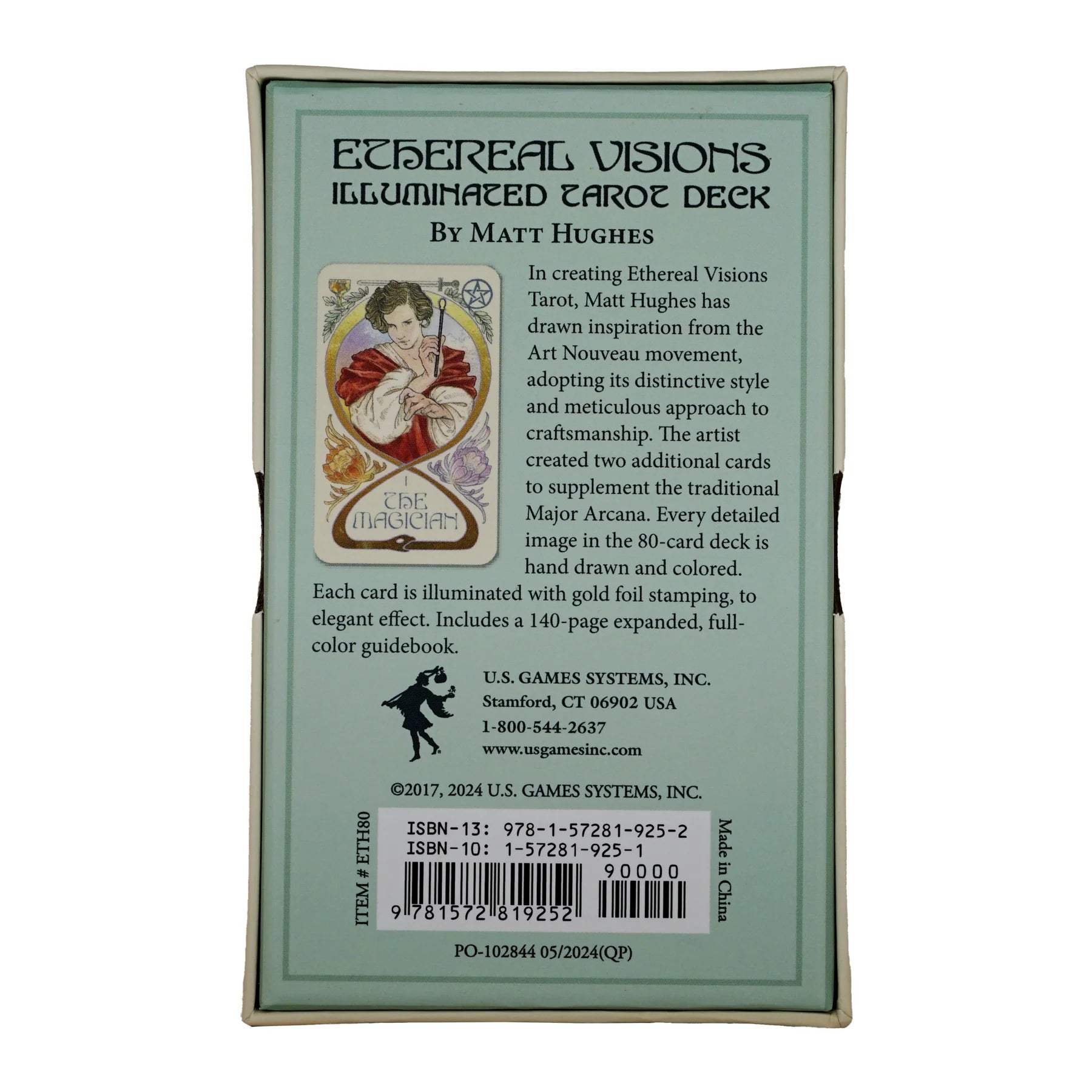 Back cover of the Ethereal Visions Illuminated Tarot Deck by Matt Hughes, showing product information, artwork, and barcode on a light teal background.