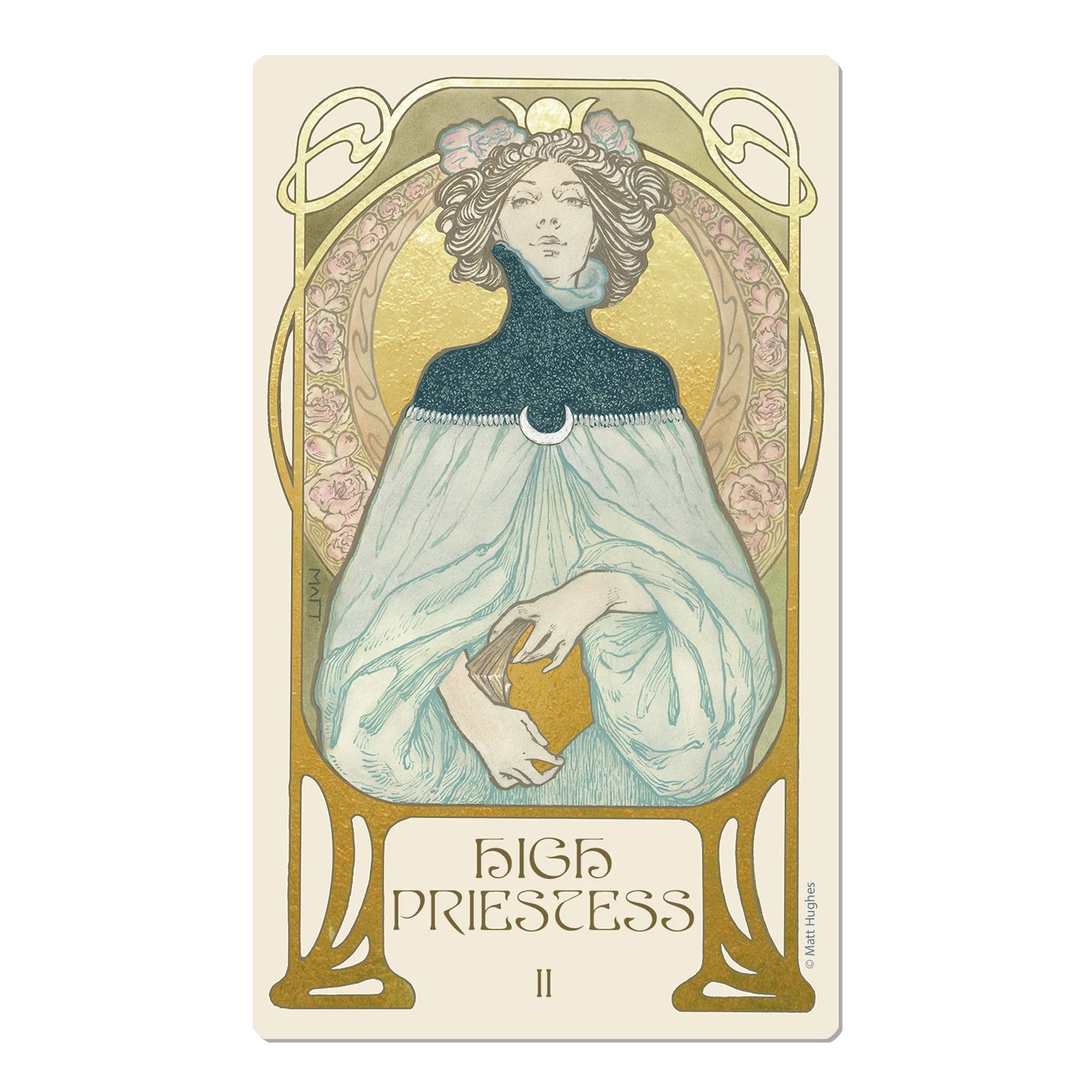A tarot card featuring the High Priestess design in an Art Nouveau style. The card has a cream-colored border with gold decorative elements, a woman in a dark blue and pale blue gown, and the text 'HIGH PRIESTESS II' at the bottom.