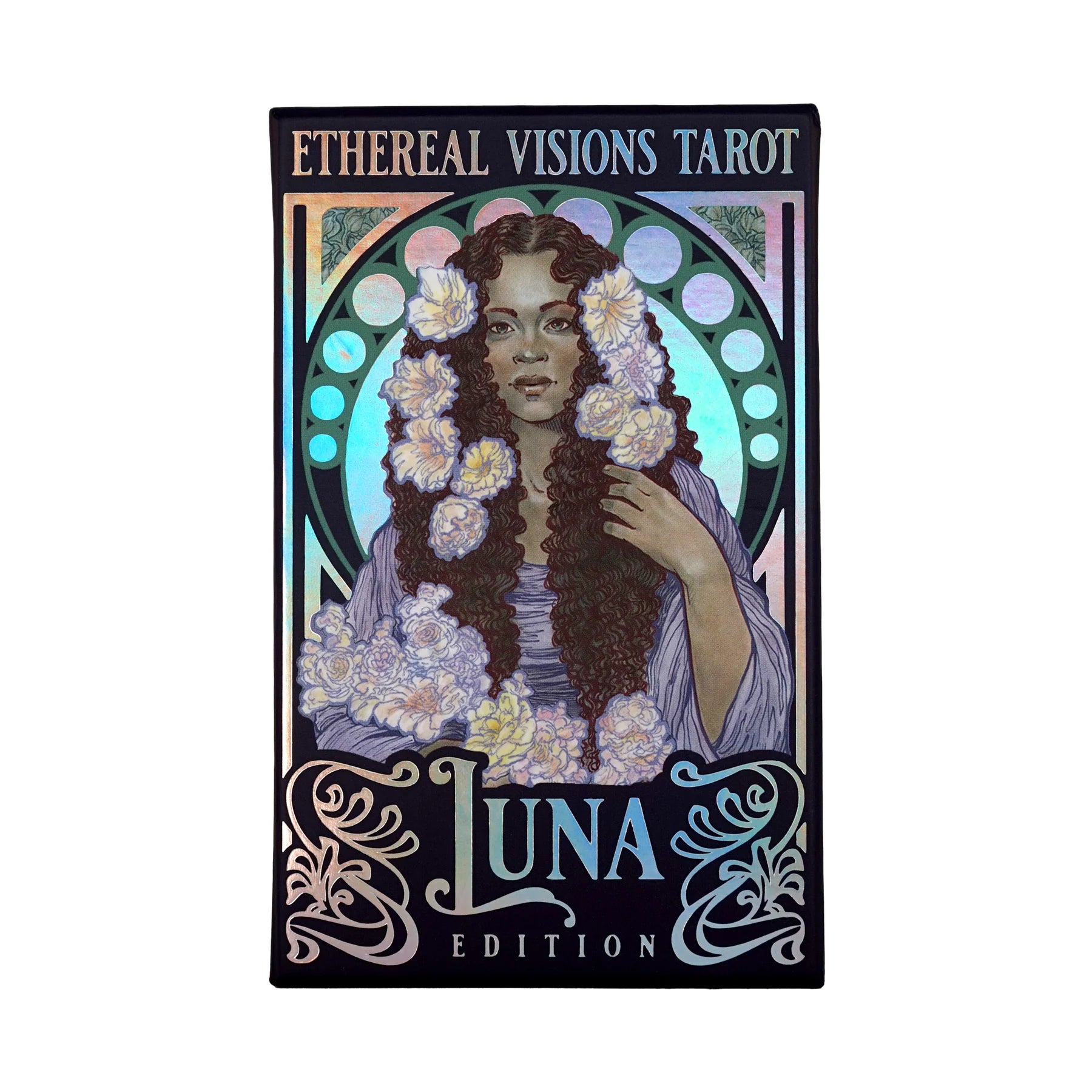 A tarot card titled 'Etheral Visions Tarot' featuring 'Luna Edition' artwork. The card has an Art Nouveau design with a woman with long curly brown hair adorned with white flowers, set against a circular stained-glass style background with pastel blue, pink, and green hues on a black base.