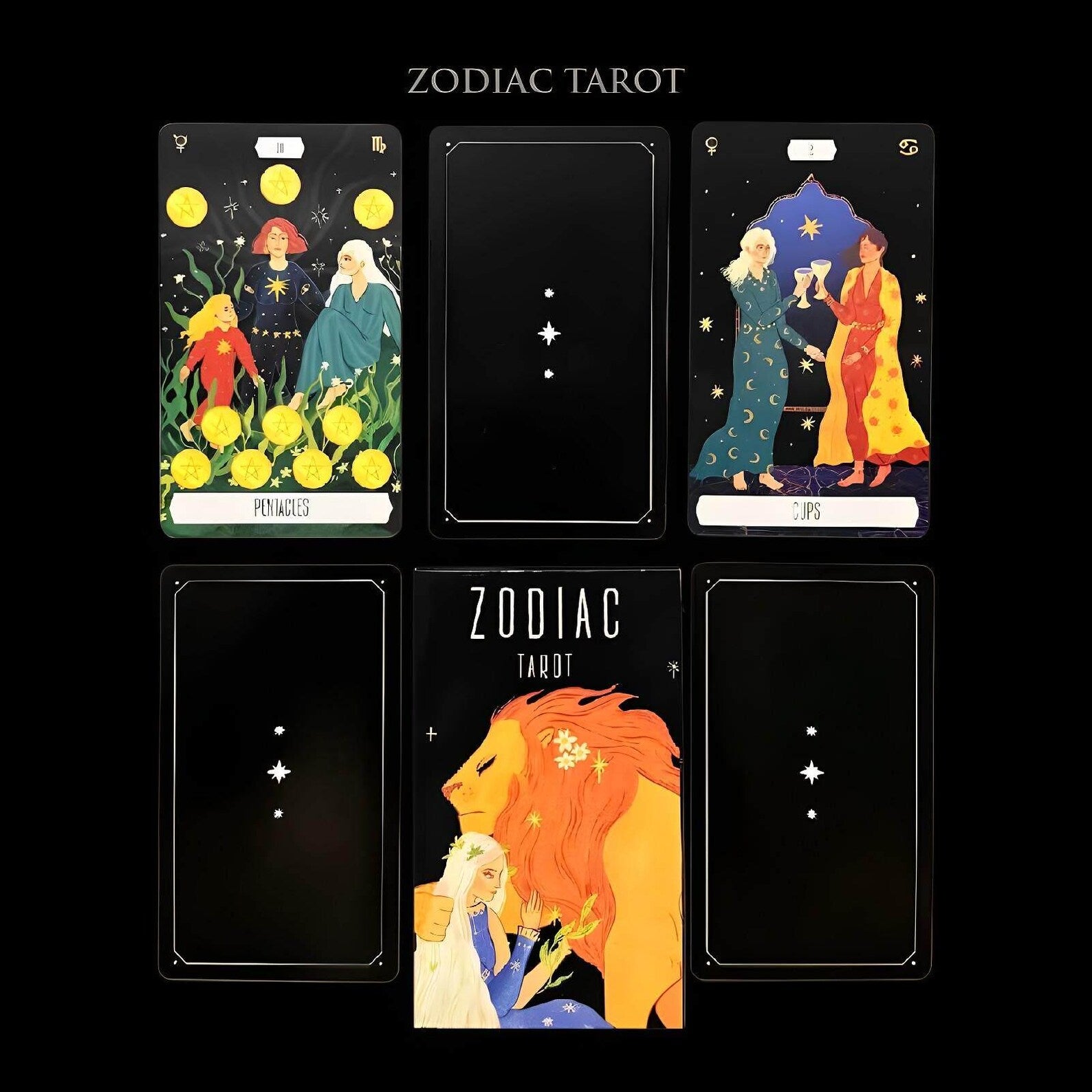 A set of zodiac tarot cards arranged on a black background, with the title 'ZODIAC TAROT' at the top. The cards feature illustrated astrological scenes and zodiac symbols, including a lion, a woman with flowers, and a celestial scene.