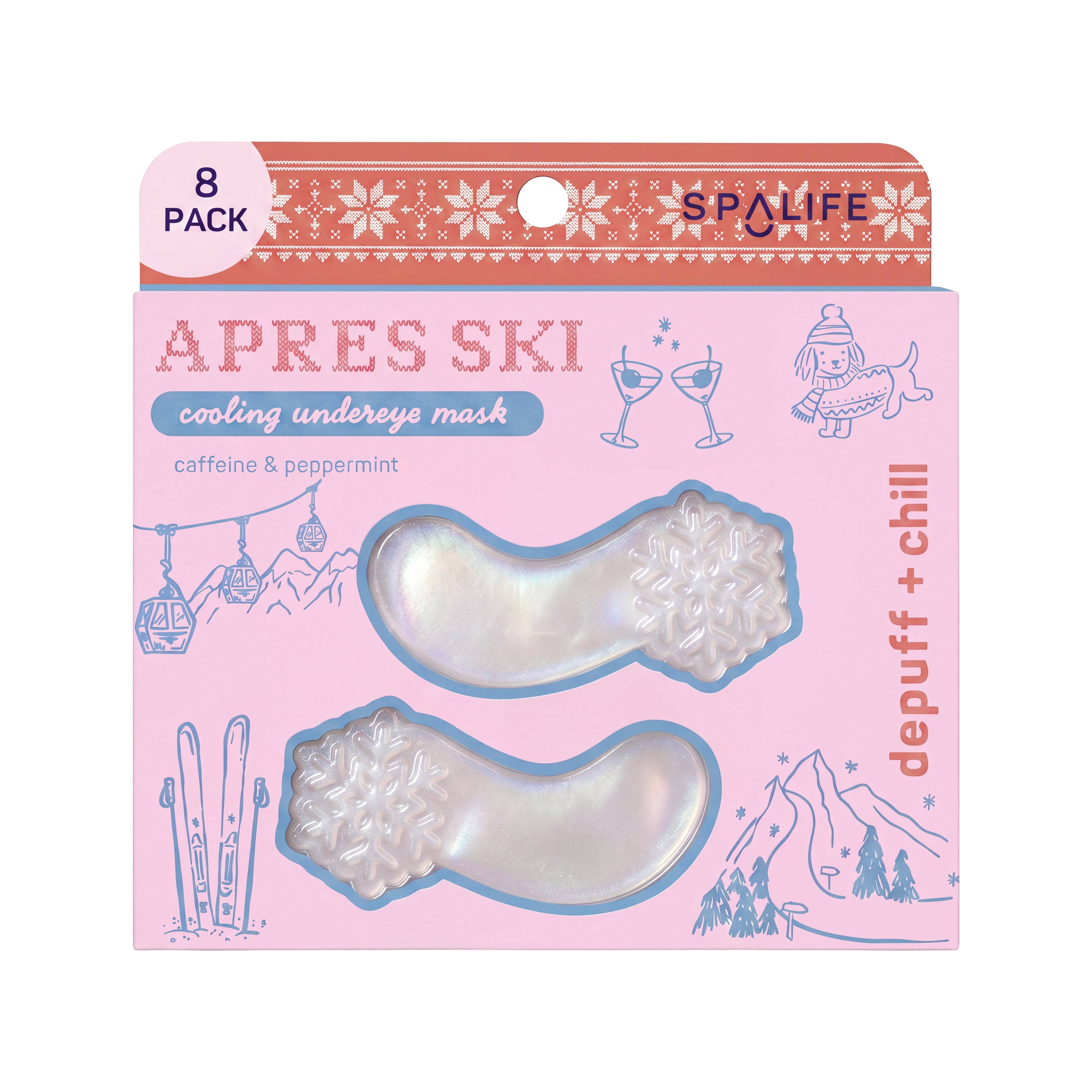 A 8-pack of Spalife Apres Ski cooling under-eye masks in caffeine & peppermint flavor, presented in a pink and orange cardboard blister pack with ski-themed illustrations.