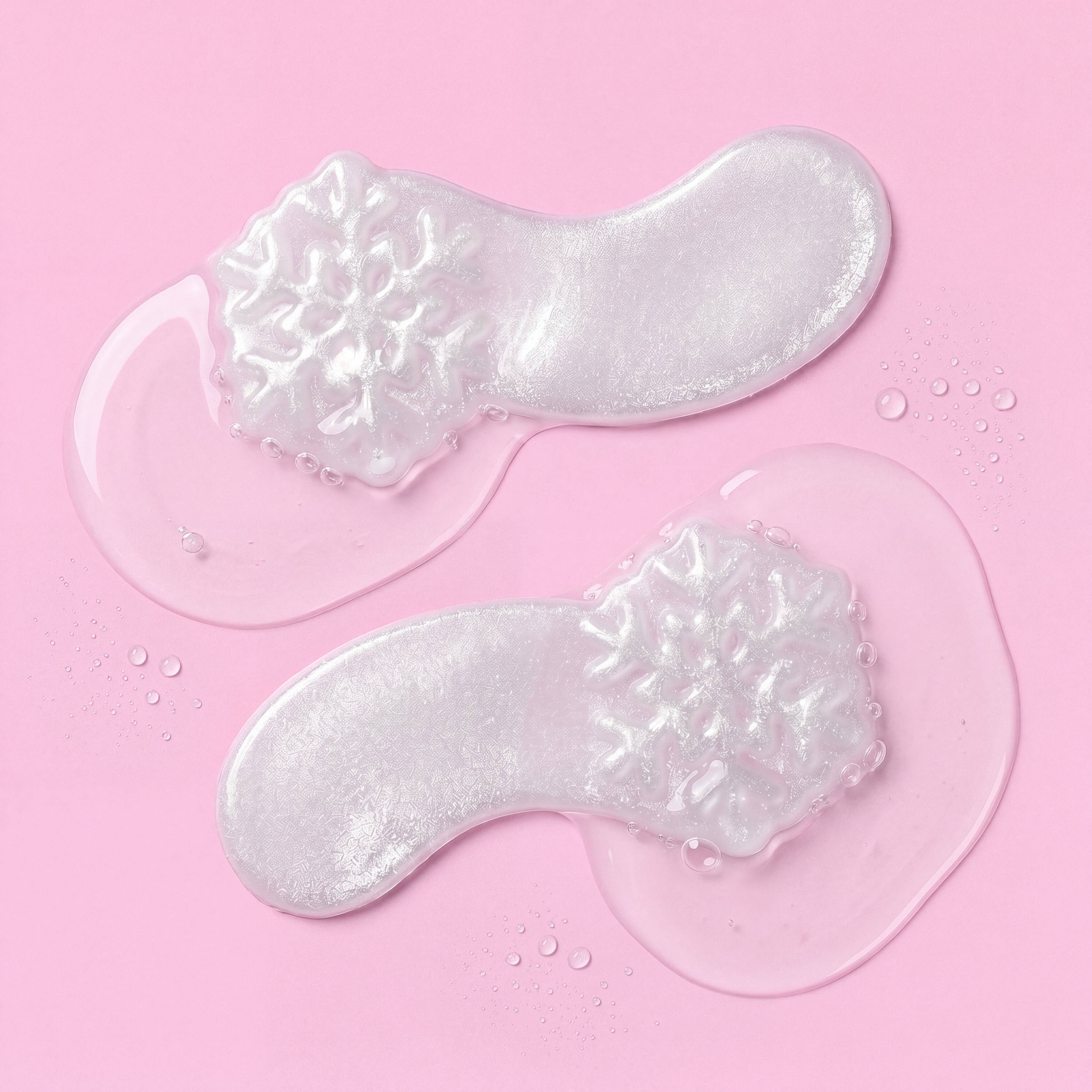Two translucent, iridescent gel pads with a textured, snowflake-like top section, arranged on a pink background with clear liquid pools around them.