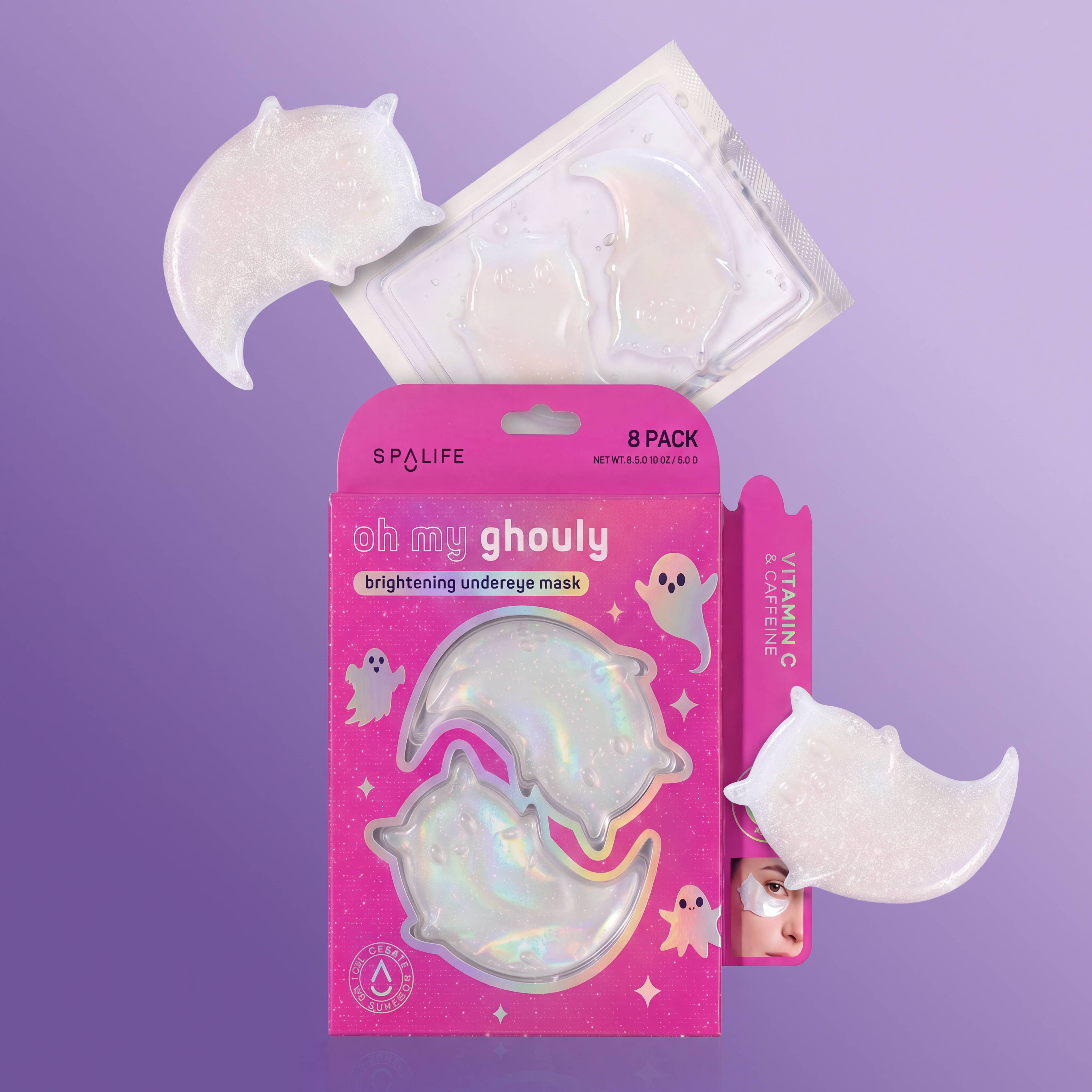 A pink 8-pack of Spalife 'Oh My Ghoully' brightening undereye mask sheets, shown with several white, iridescent crescent moon-shaped mask pieces arranged around the packaging on a lavender background.