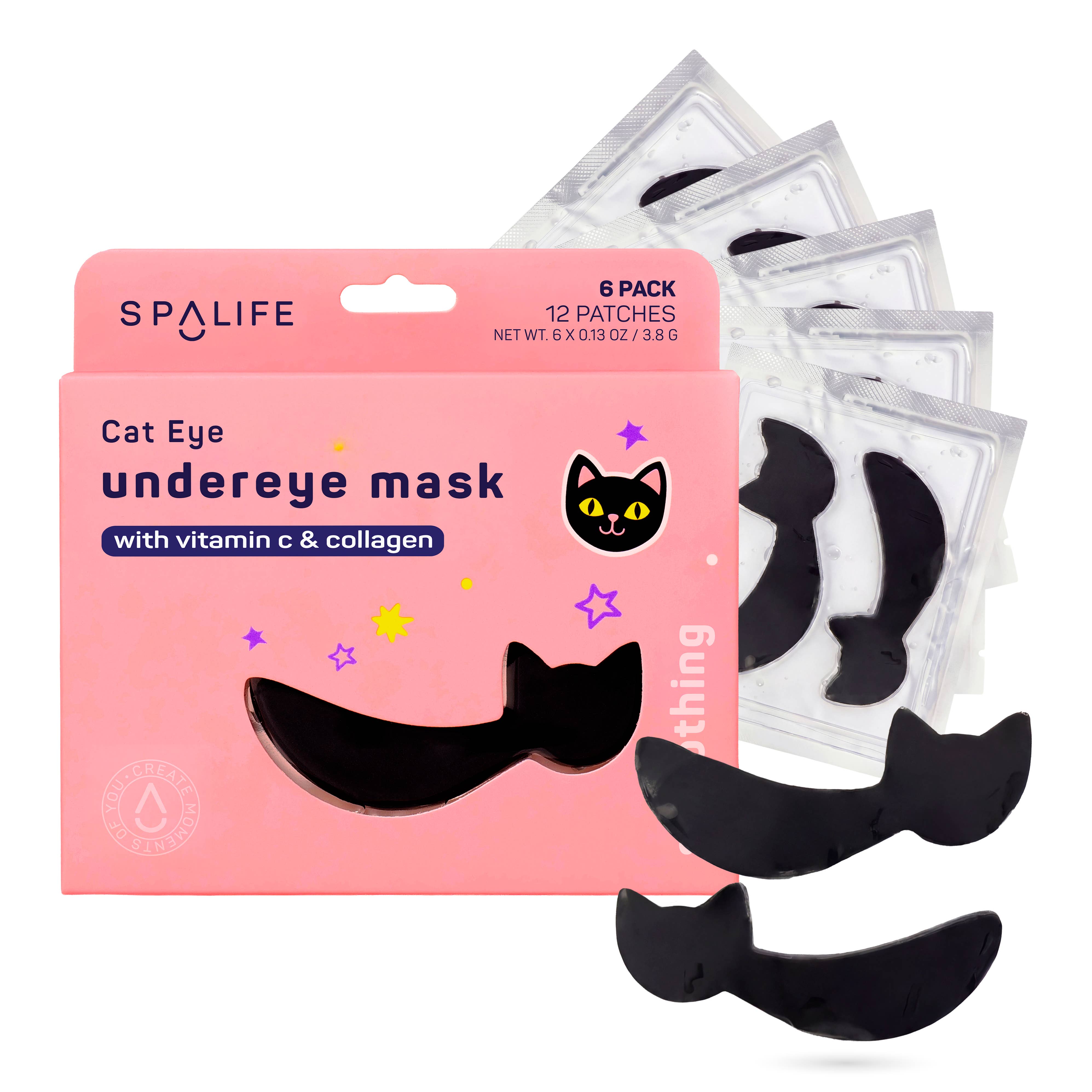 SPALIFE Cat Eye Undereye Mask 6-pack in pink packaging, shown with several individual sealed packets and three black undereye patch strips displayed in front on a white background.