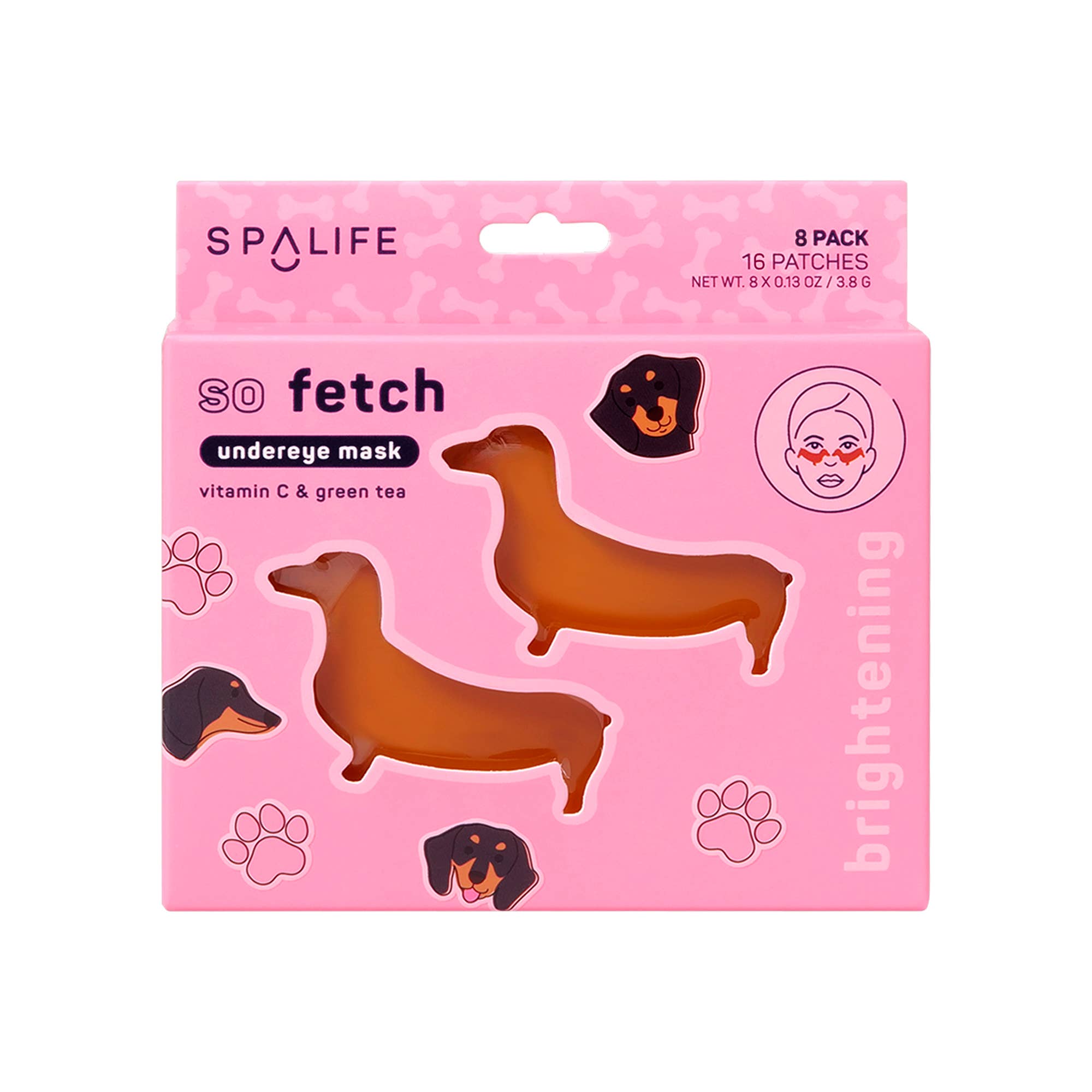 Spalife undereye mask packaging with dachshund illustrations on a pink background