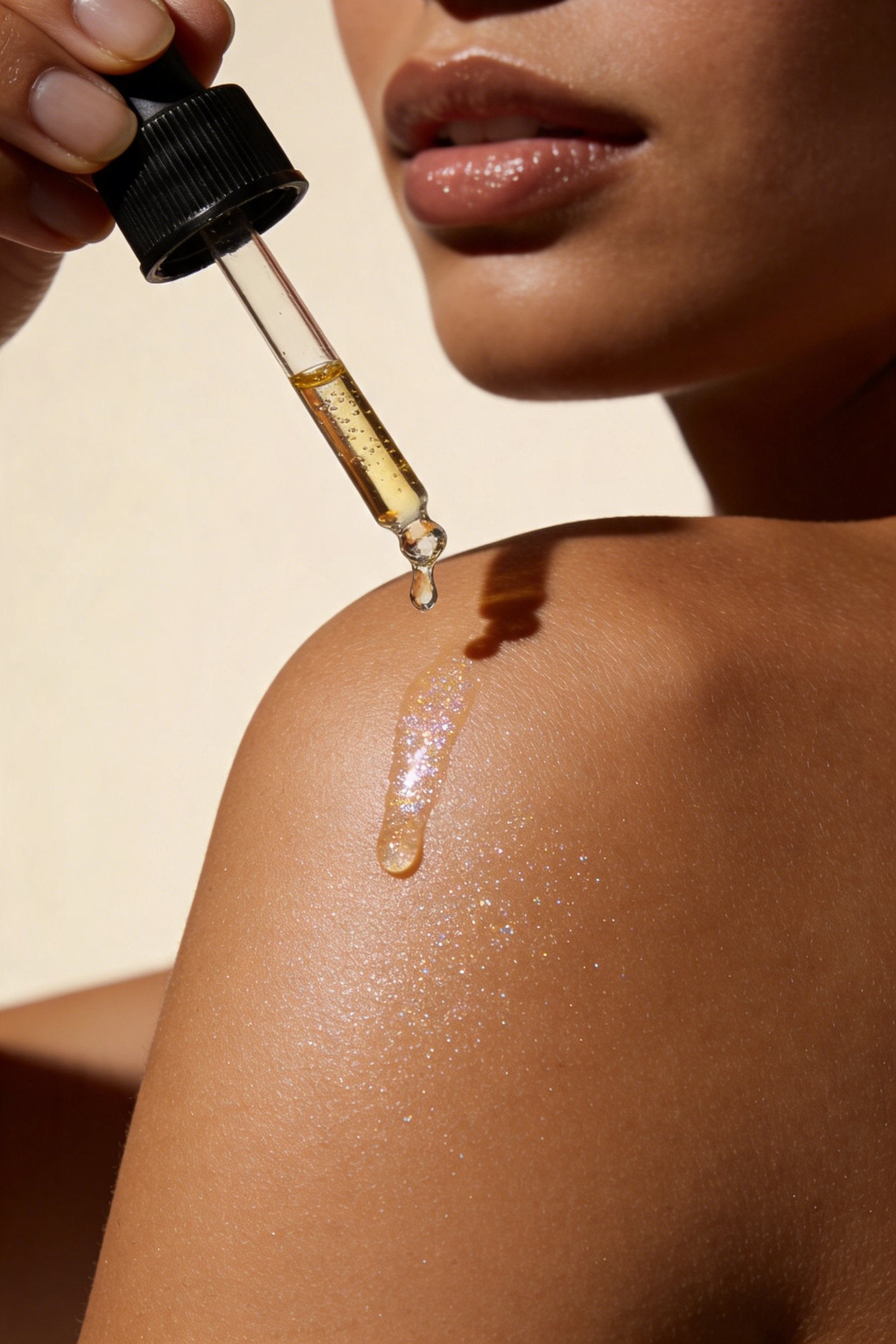 Venoura's Body Elixir is being used by a model. Scented, skin-nourishing, jojoba oil, skin-safe mica, smoothing, moisturizing. A close-up of a person's shoulder and lower face as the oil is being applied with a glass dropper, leaving a shiny, reflective streak of product on the skin.