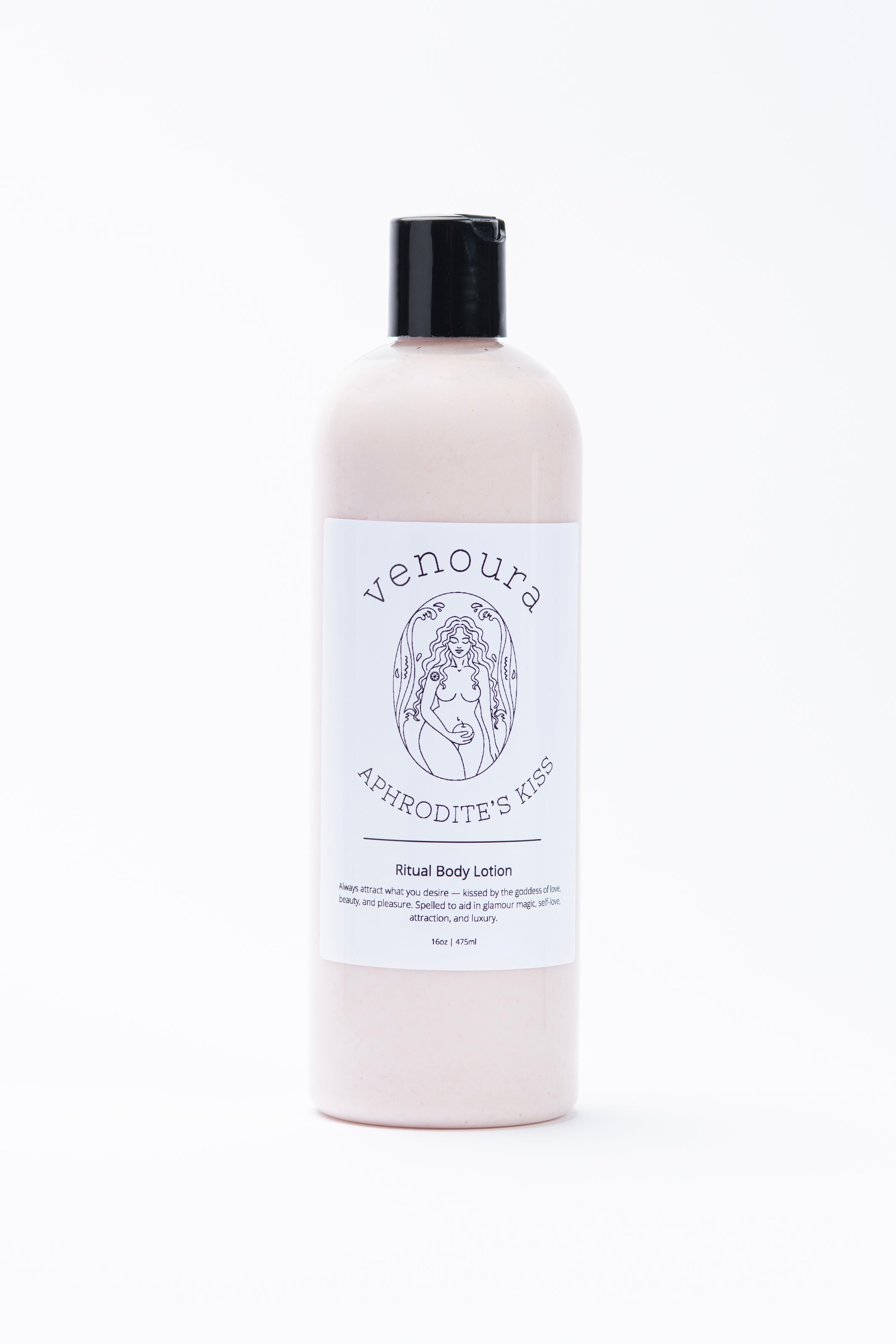 Venoura's Aphrodite's Kiss Ritual Body Lotion in a pale pink bottle with a black cap and white label, centered on a white background.