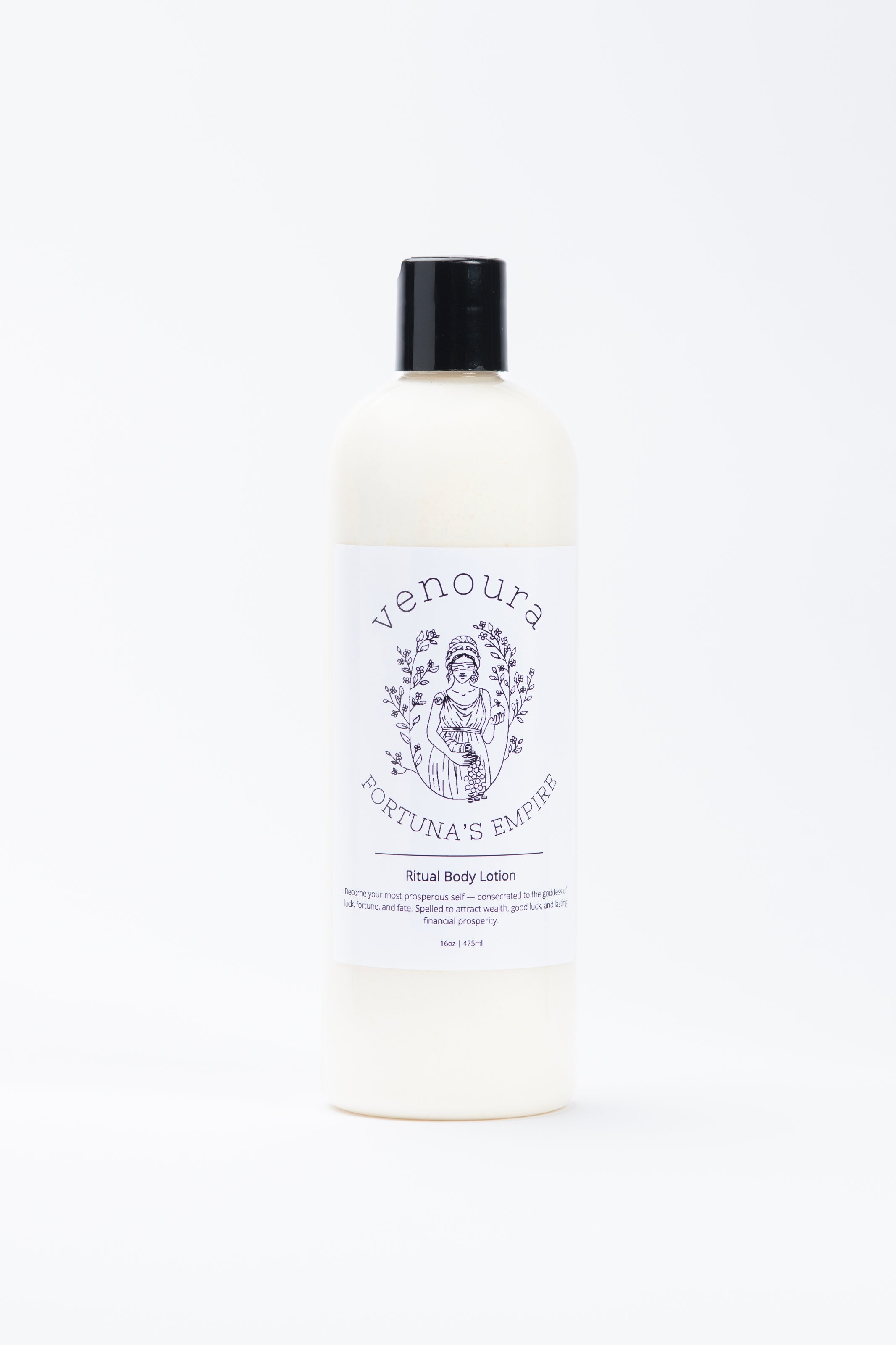 Venoura's Fortuna's Empire Ritual Body Lotion in a 475 ml pale yellow bottle with a black cap and a white label featuring a purple illustration.