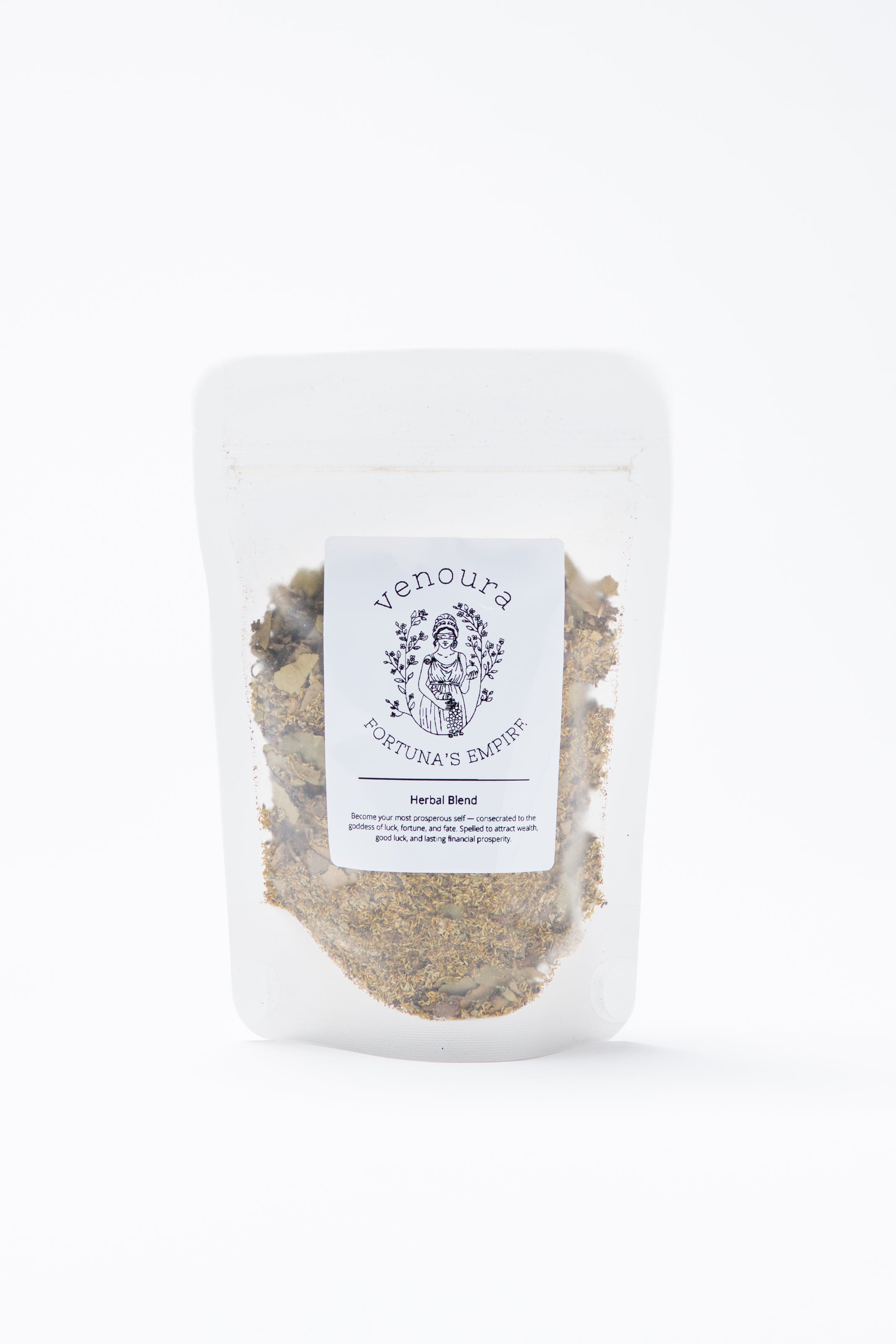 A clear stand-up pouch containing a brown herbal blend, with a white label reading 'Yenoura Portfina & Empyre' and 'Herbal Blend', photographed on a clean white background.